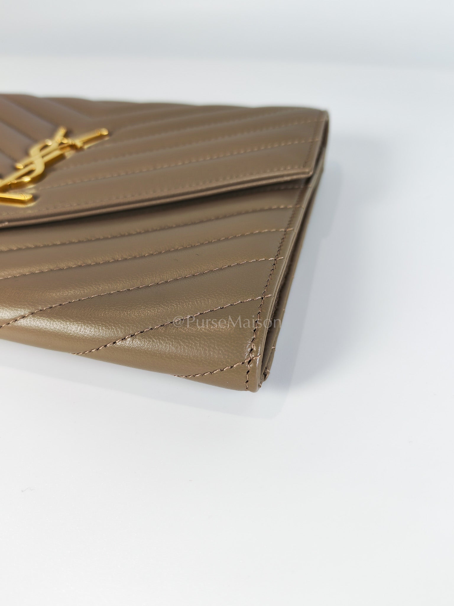 Envelope Clutch in Taupe Cassandre Matellase Calfskin Leather & Gold Hardware | Purse Maison Luxury Bags Shop