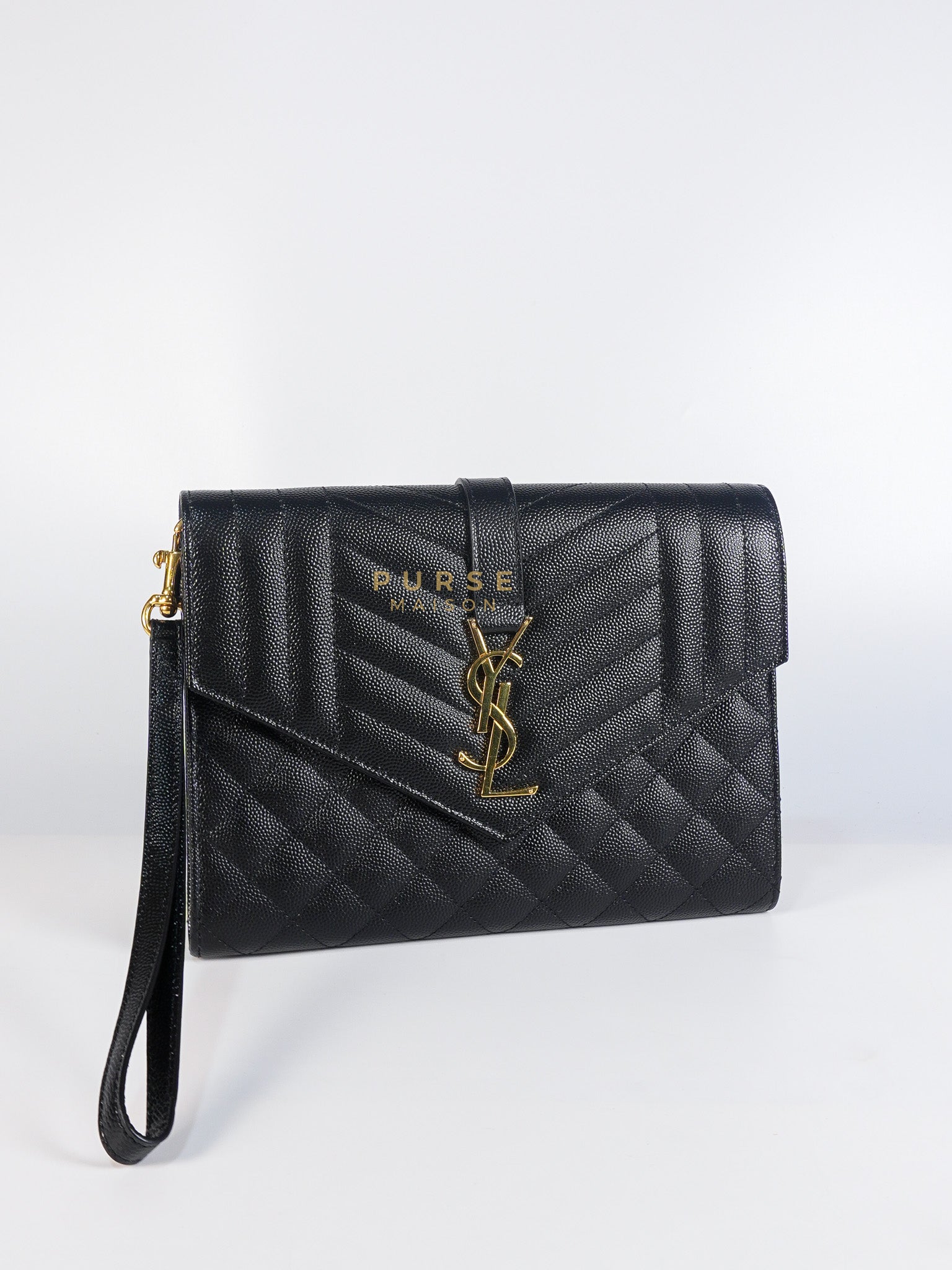 Envelope Flap Pouch in Black Mix Matelassé Grain De Poudre Leather & Gold Hardware | Purse Maison Luxury Bags Shop