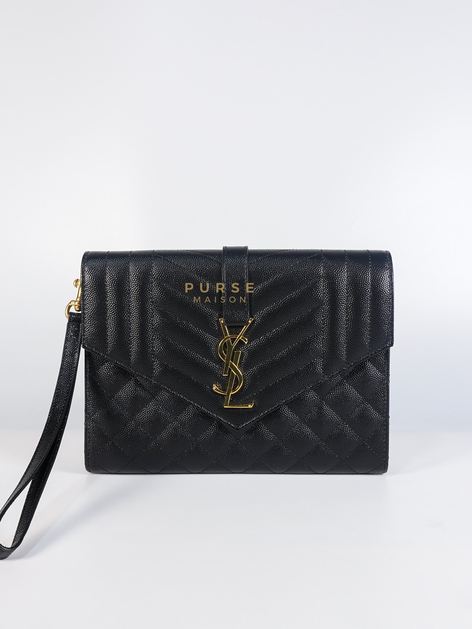 Envelope Flap Pouch in Black Mix Matelassé Grain De Poudre Leather & Gold Hardware | Purse Maison Luxury Bags Shop