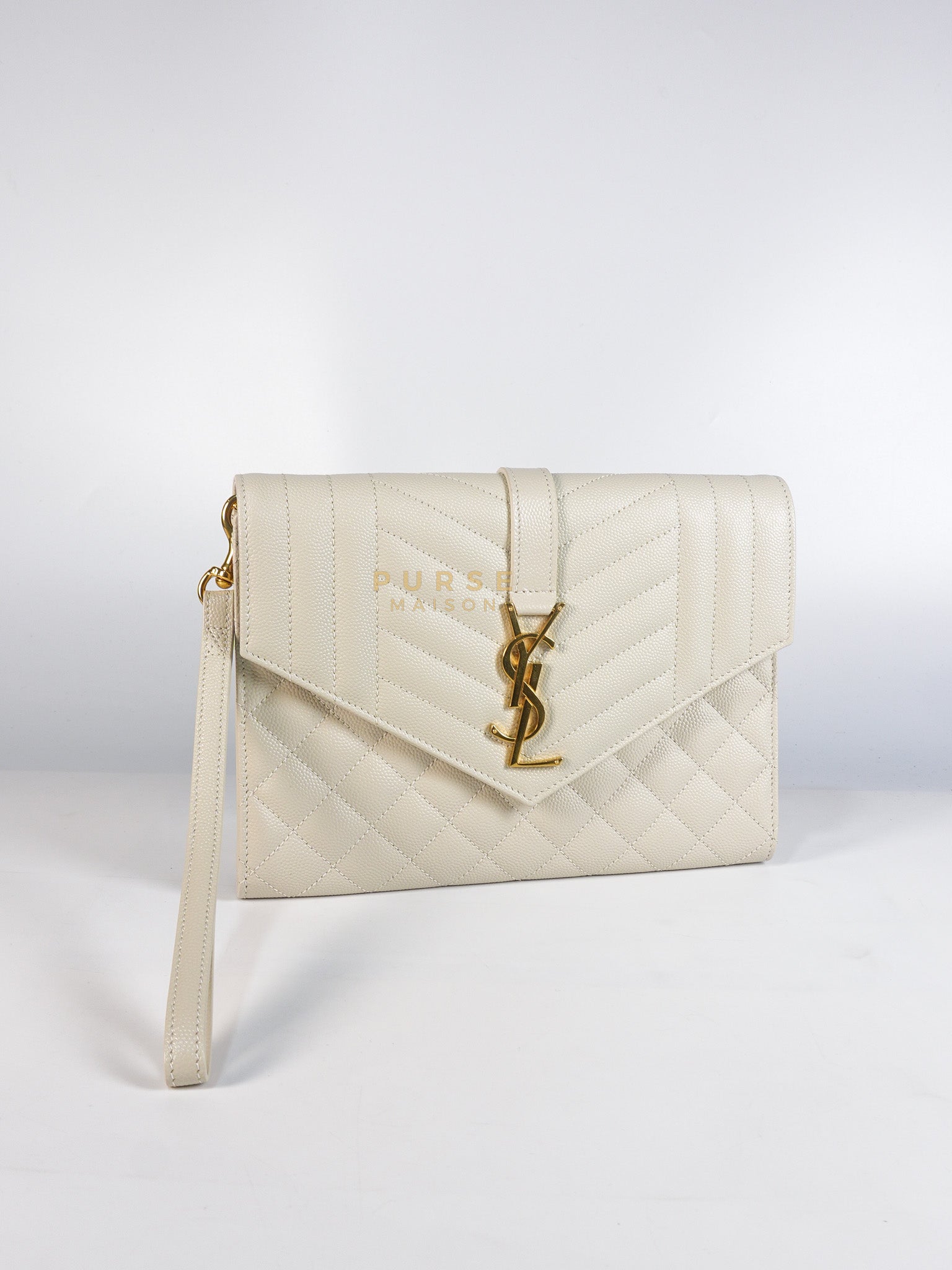 Envelope Flap Pouch in White Mix Matelassé Grain De Poudre Leather & Gold Hardware | Purse Maison Luxury Bags Shop