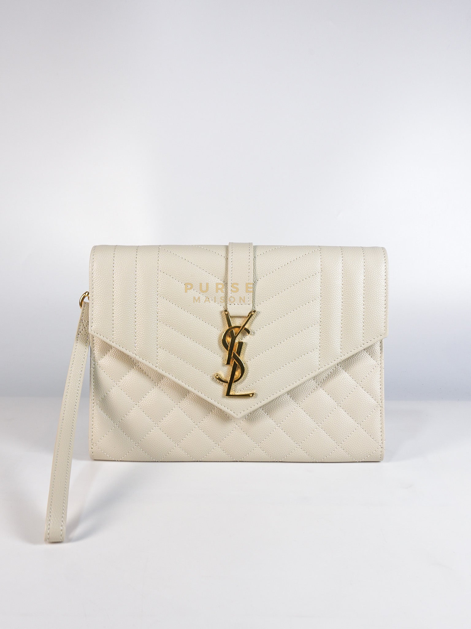 Envelope Flap Pouch in White Mix Matelassé Grain De Poudre Leather & Gold Hardware | Purse Maison Luxury Bags Shop