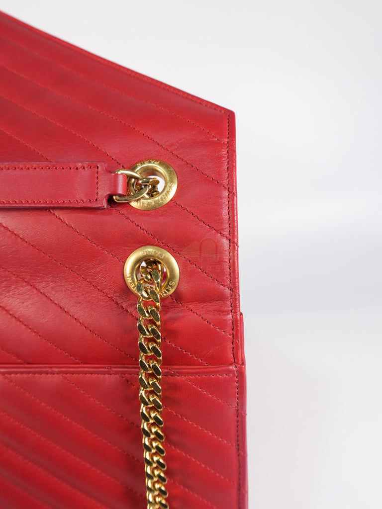 Envelope Large in Red Smooth Chevron Leather and Gold Hardware Shoulder Bag | Purse Maison Luxury Bags Shop