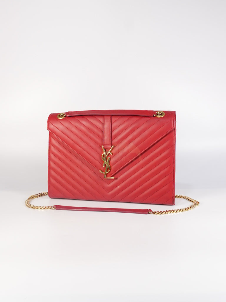 Envelope Large in Red Smooth Chevron Leather and Gold Hardware Shoulder Bag | Purse Maison Luxury Bags Shop