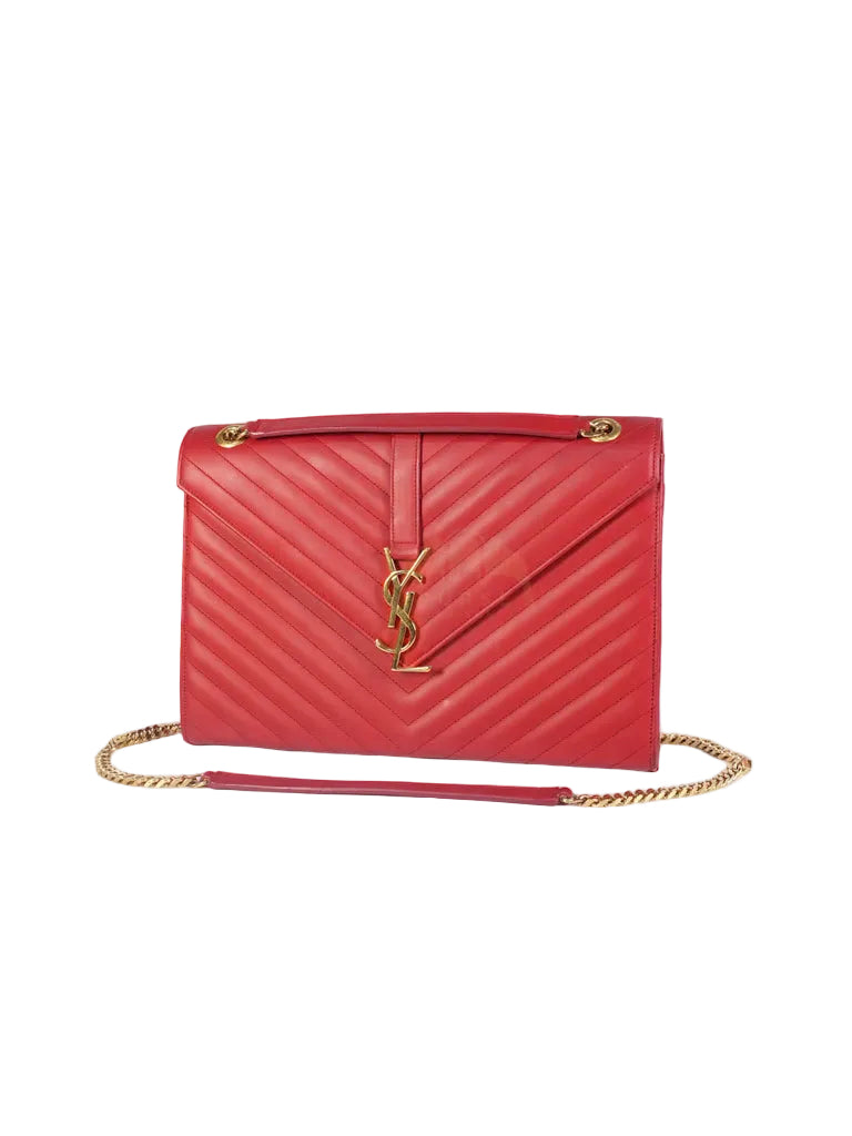Envelope Large in Red Smooth Chevron Leather and Gold Hardware Shoulder Bag | Purse Maison Luxury Bags Shop