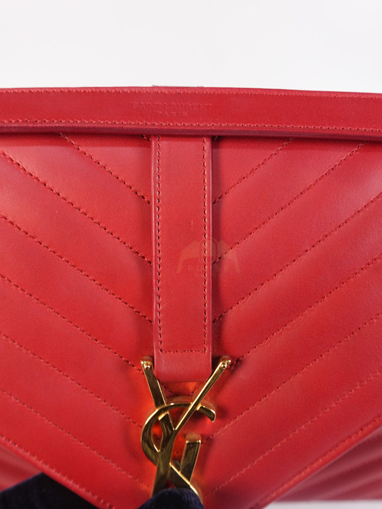 Envelope Large in Red Smooth Chevron Leather and Gold Hardware Shoulder Bag | Purse Maison Luxury Bags Shop