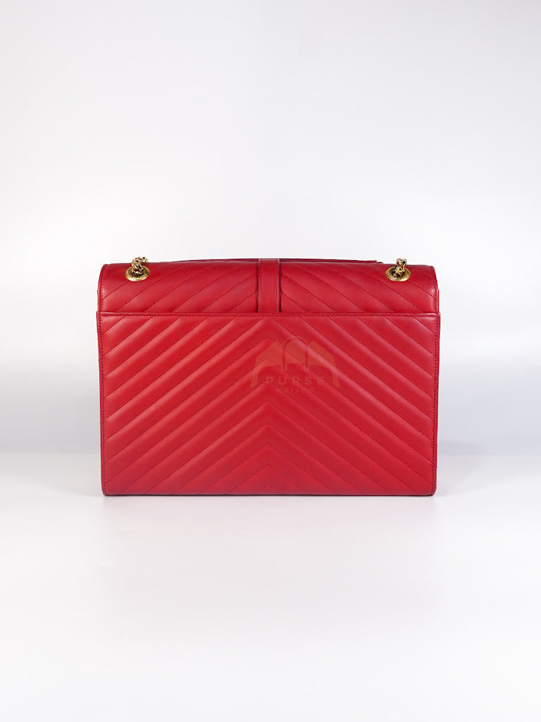 Envelope Large in Red Smooth Chevron Leather and Gold Hardware Shoulder Bag | Purse Maison Luxury Bags Shop