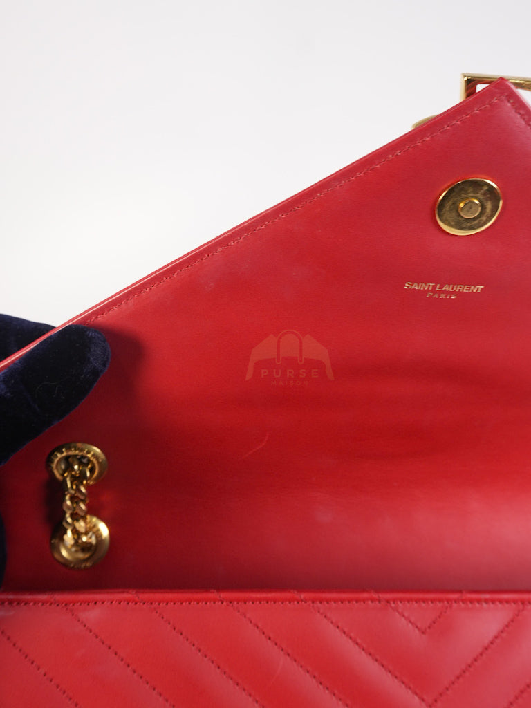 Envelope Large in Red Smooth Chevron Leather and Gold Hardware Shoulder Bag | Purse Maison Luxury Bags Shop