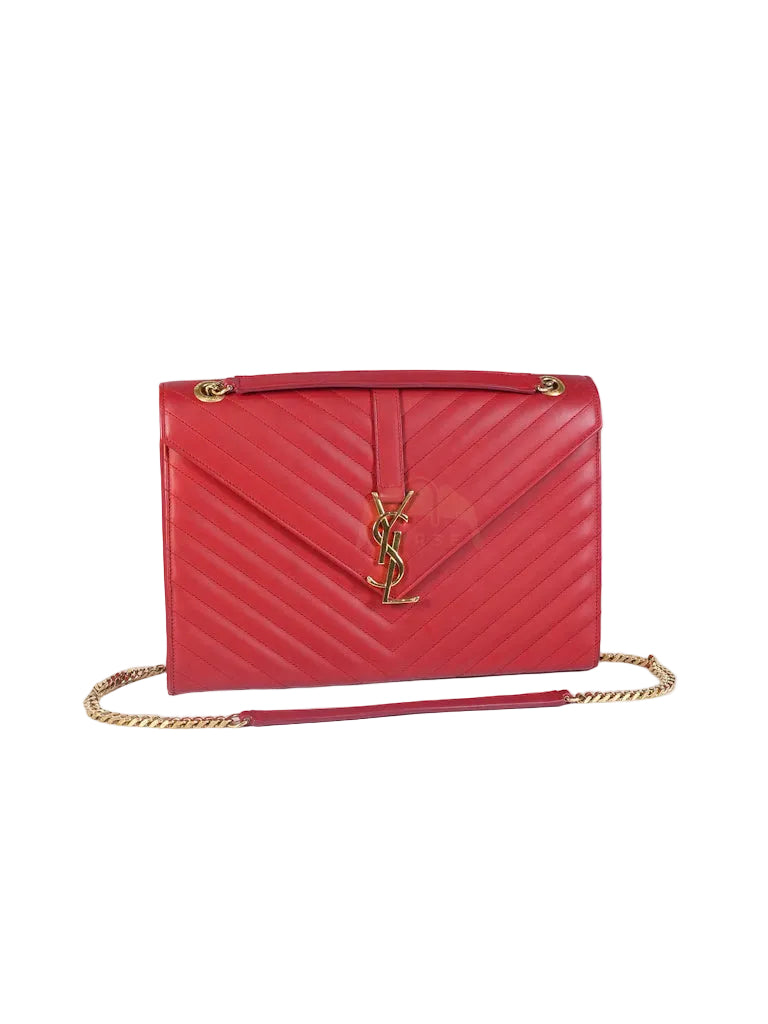 Envelope Large in Red Smooth Chevron Leather and Gold Hardware Shoulder Bag | Purse Maison Luxury Bags Shop