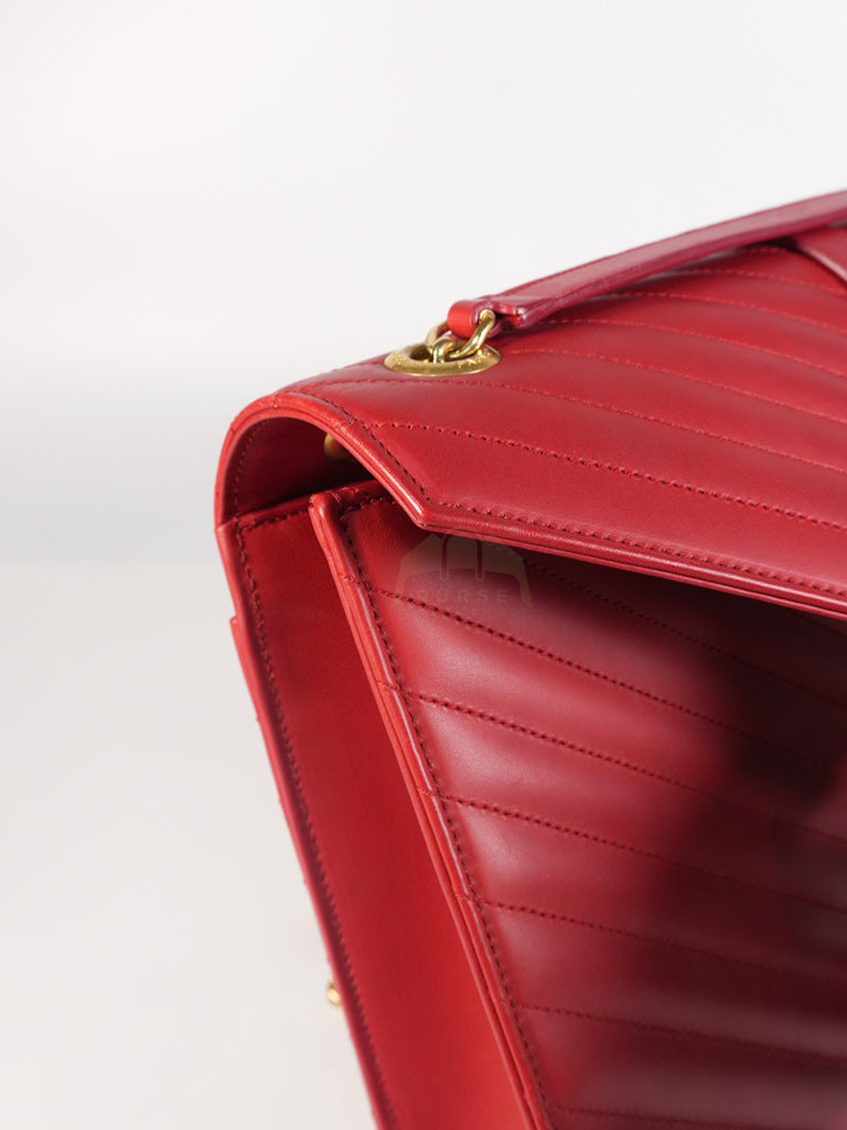 Envelope Large in Red Smooth Chevron Leather and Gold Hardware Shoulder Bag | Purse Maison Luxury Bags Shop
