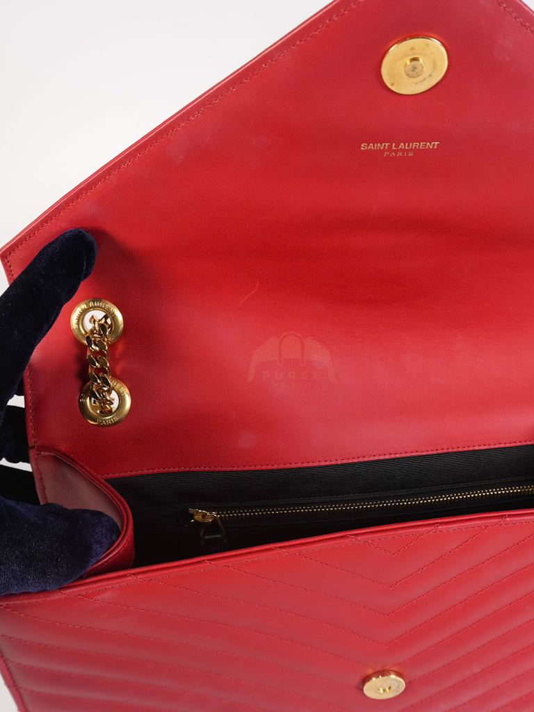 Envelope Large in Red Smooth Chevron Leather and Gold Hardware Shoulder Bag | Purse Maison Luxury Bags Shop