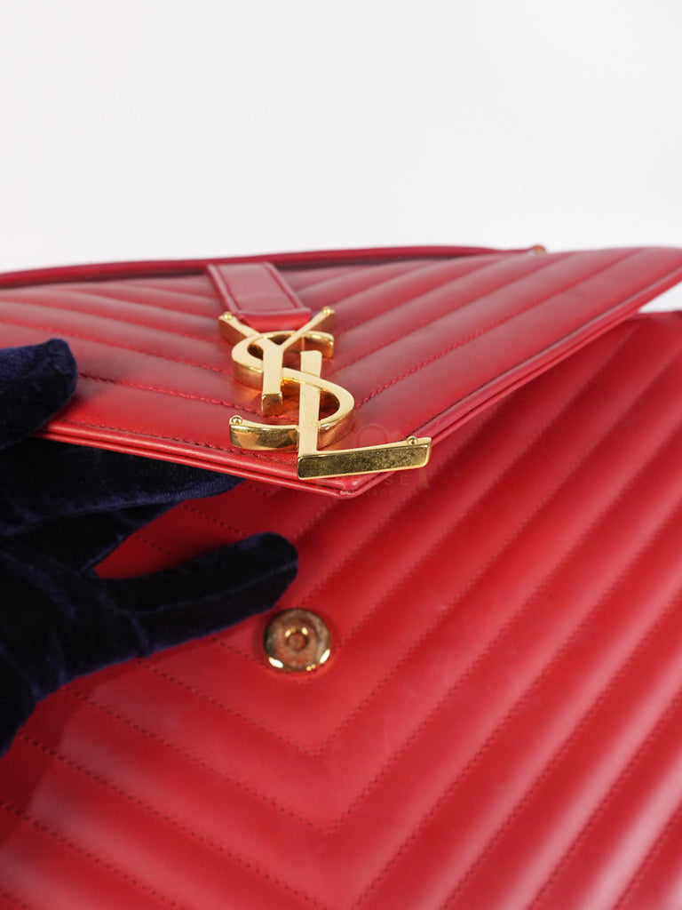 Envelope Large in Red Smooth Chevron Leather and Gold Hardware Shoulder Bag | Purse Maison Luxury Bags Shop