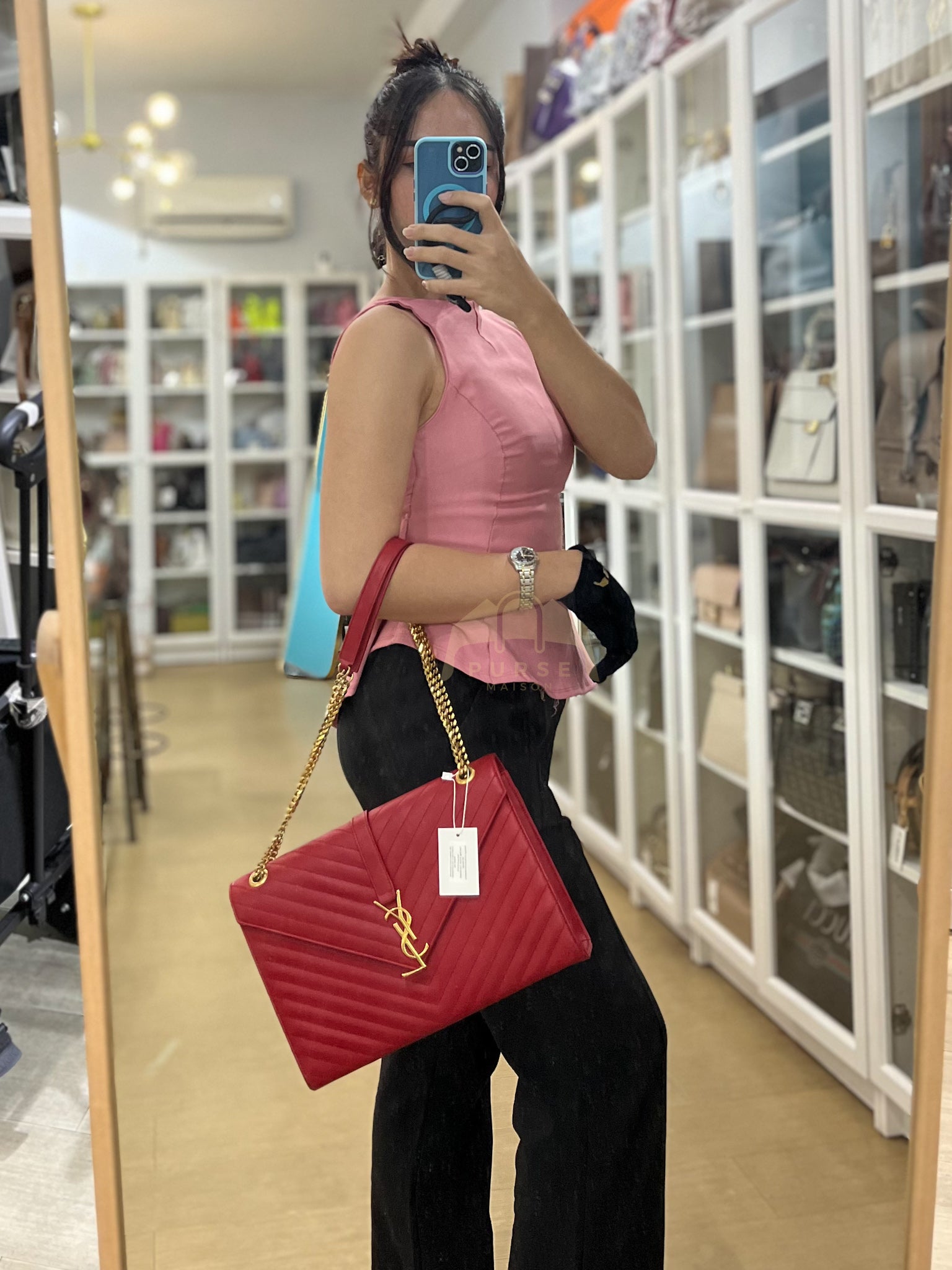 Envelope Large in Red Smooth Chevron Leather and Gold Hardware Shoulder Bag | Purse Maison Luxury Bags Shop