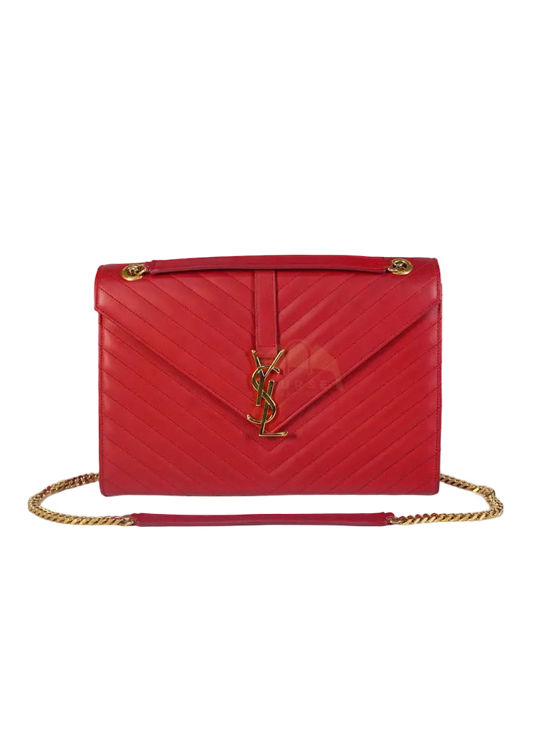 Envelope Large in Red Smooth Chevron Leather and Gold Hardware Shoulder Bag | Purse Maison Luxury Bags Shop