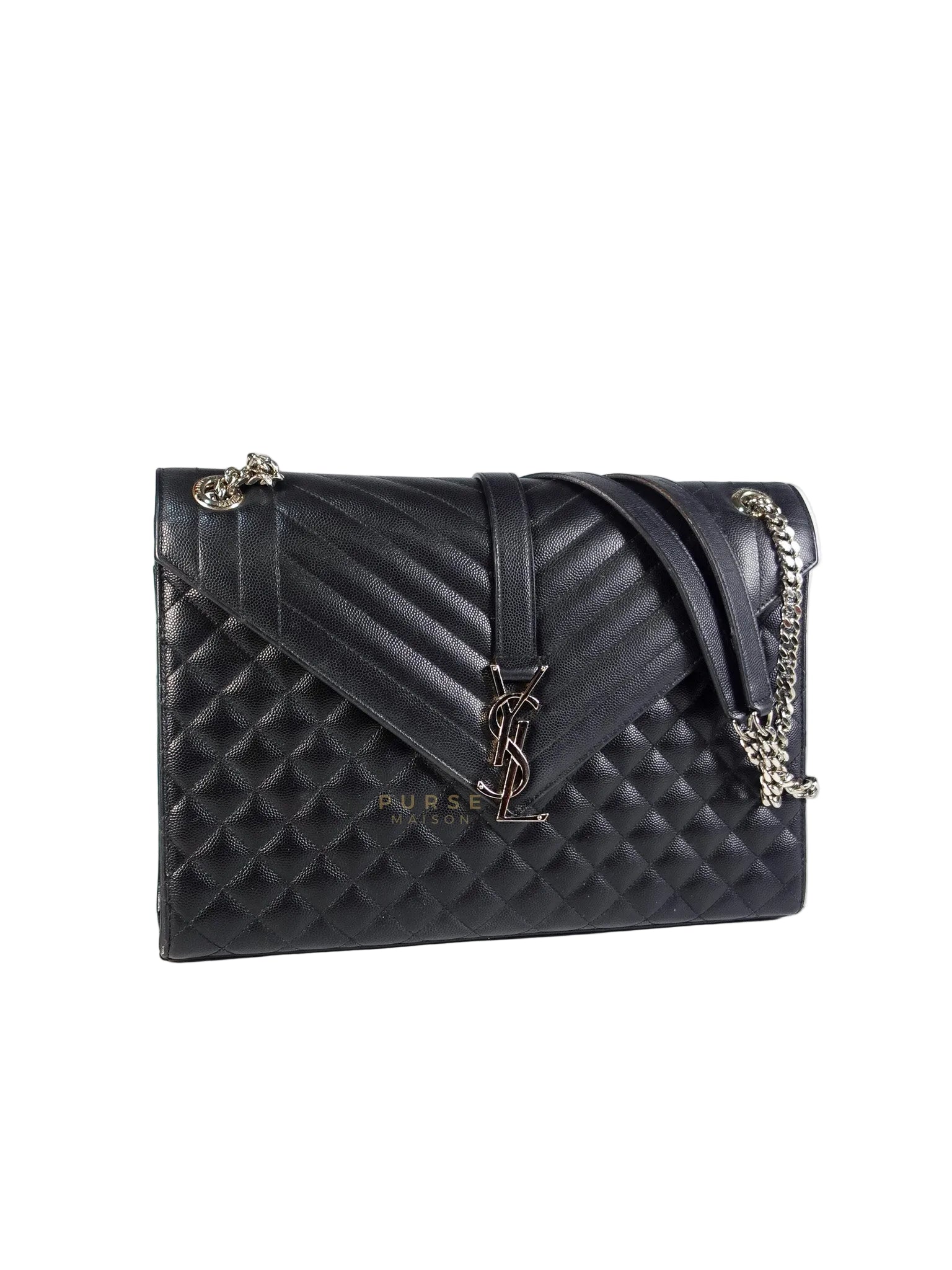 Envelope Large Shoulder Bag in Black Tri Quilted Grained Leather & Silver Hardware | Purse Maison Luxury Bags Shop