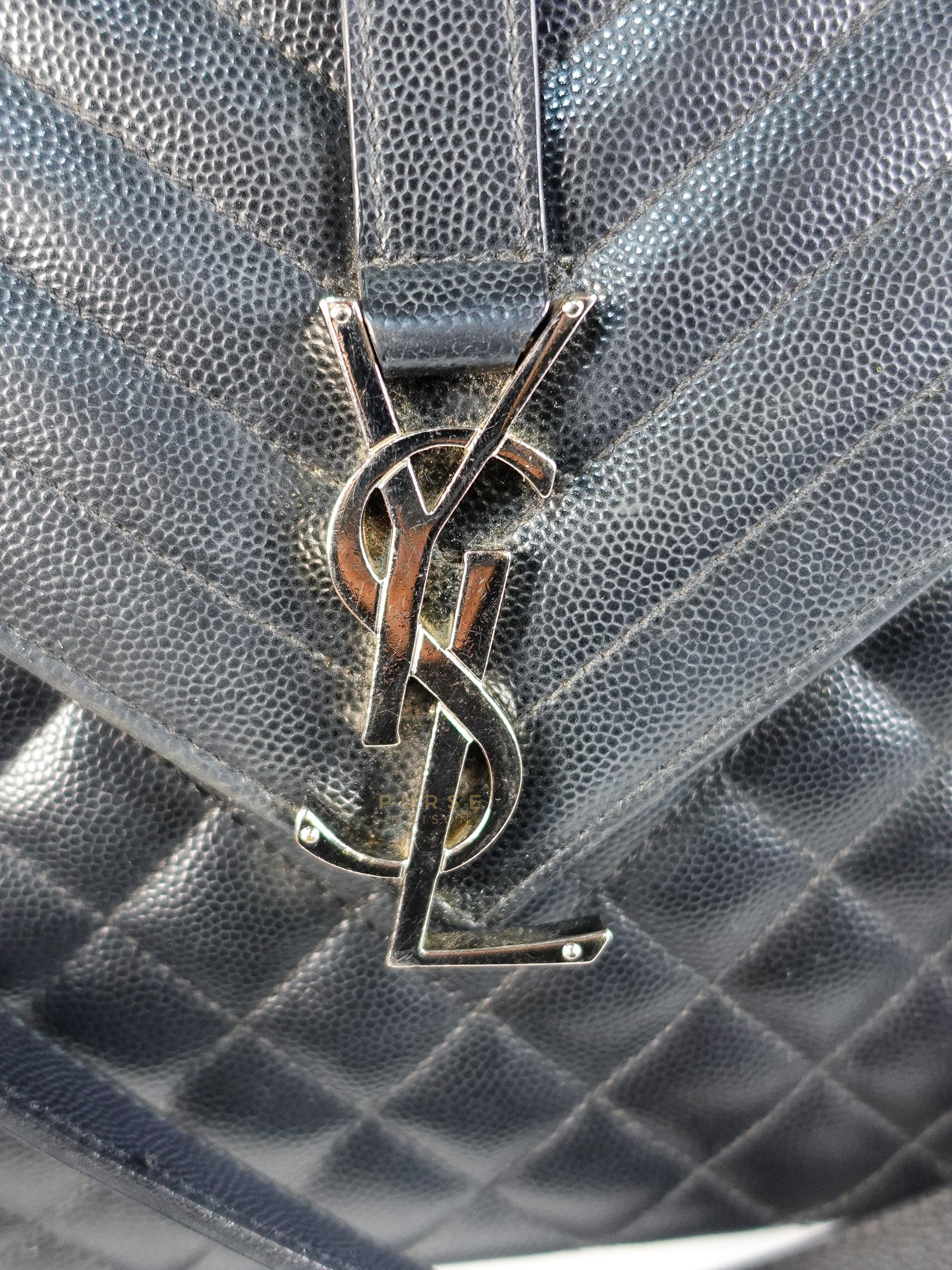 Envelope Large Shoulder Bag in Black Tri Quilted Grained Leather & Silver Hardware | Purse Maison Luxury Bags Shop