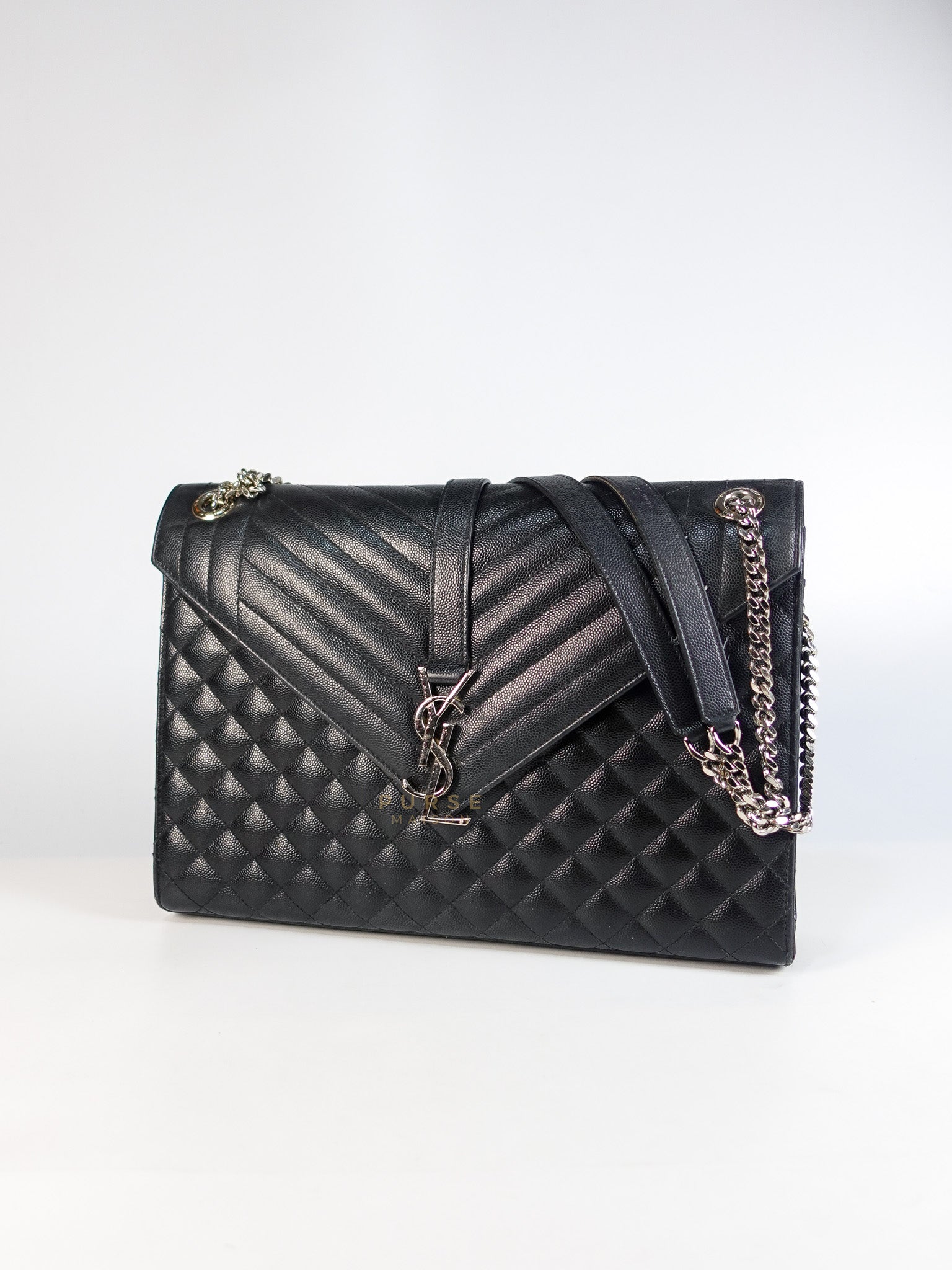 Envelope Large Shoulder Bag in Black Tri Quilted Grained Leather & Silver Hardware | Purse Maison Luxury Bags Shop