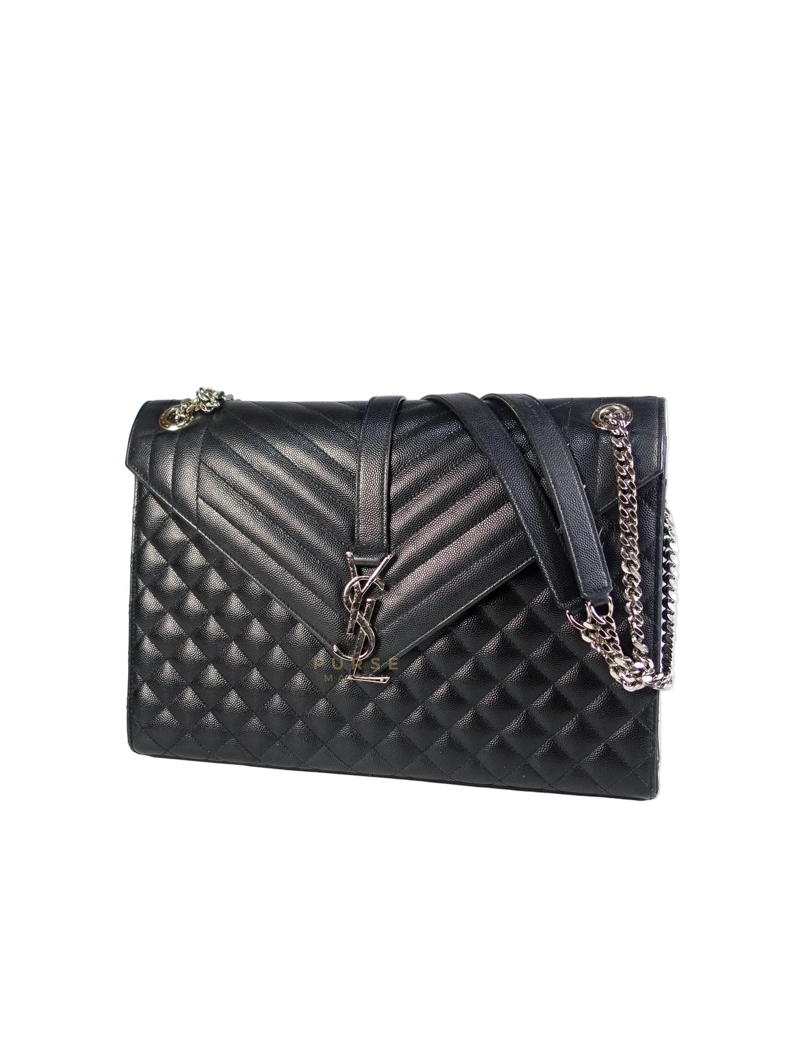 Envelope Large Shoulder Bag in Black Tri Quilted Grained Leather & Silver Hardware | Purse Maison Luxury Bags Shop