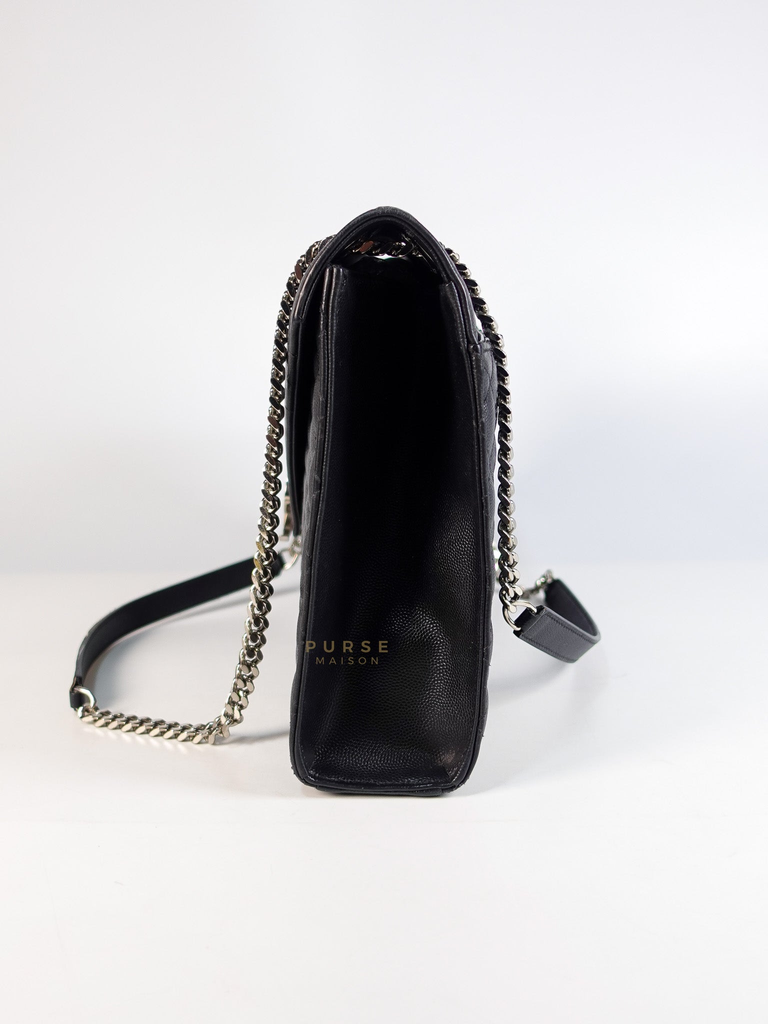 Envelope Large Shoulder Bag in Black Tri Quilted Grained Leather & Silver Hardware | Purse Maison Luxury Bags Shop