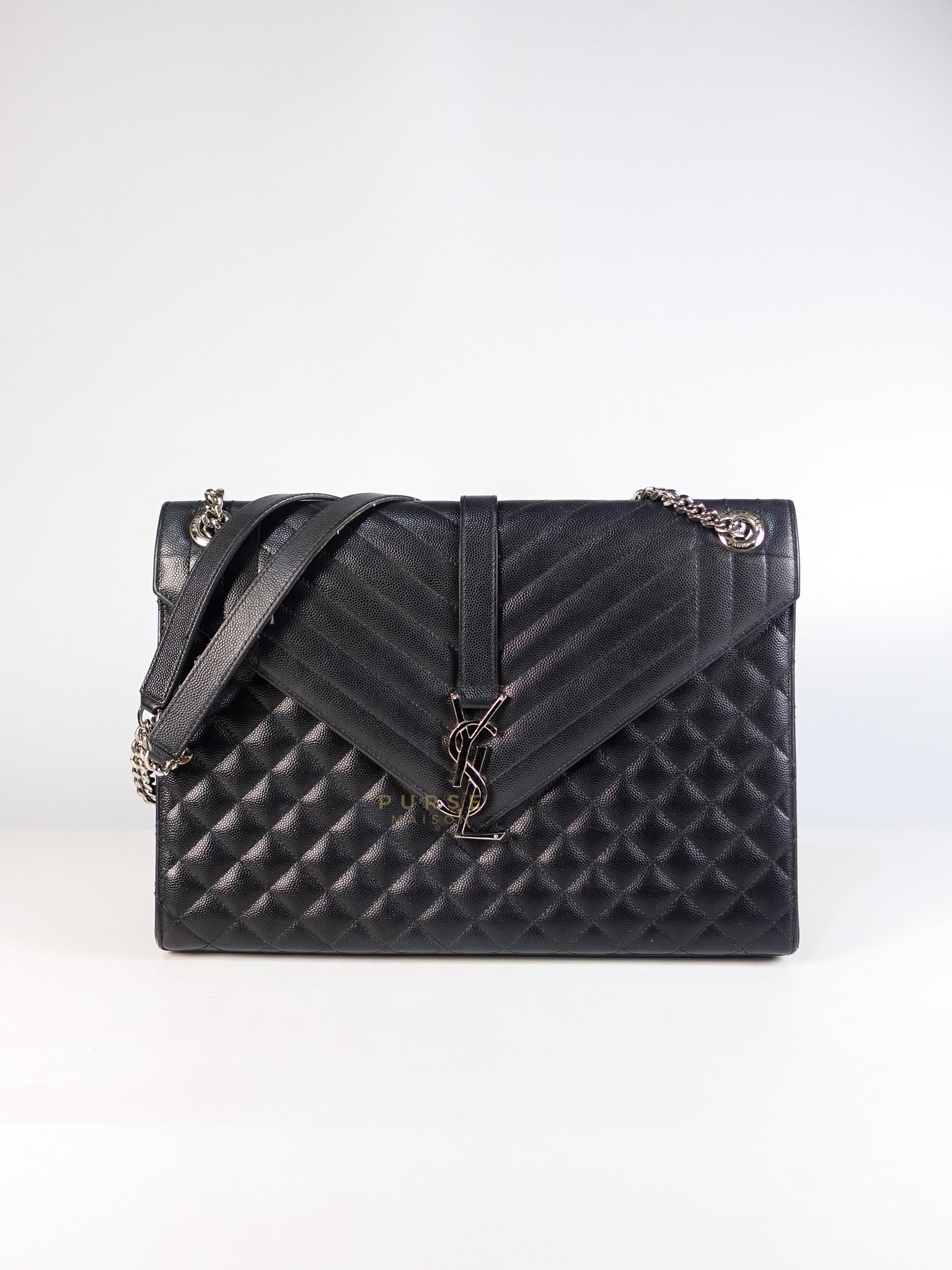 Envelope Large Shoulder Bag in Black Tri Quilted Grained Leather & Silver Hardware | Purse Maison Luxury Bags Shop