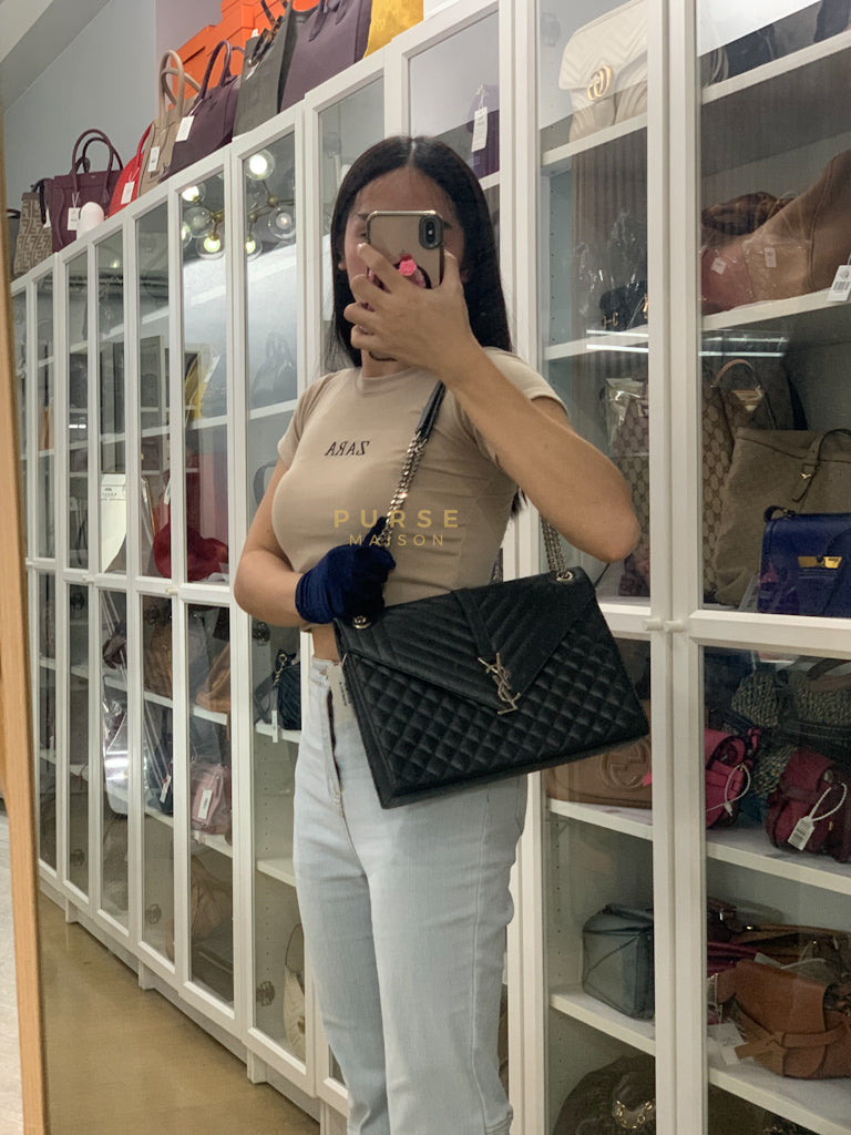 Envelope Large Shoulder Bag in Black Tri Quilted Grained Leather & Silver Hardware | Purse Maison Luxury Bags Shop