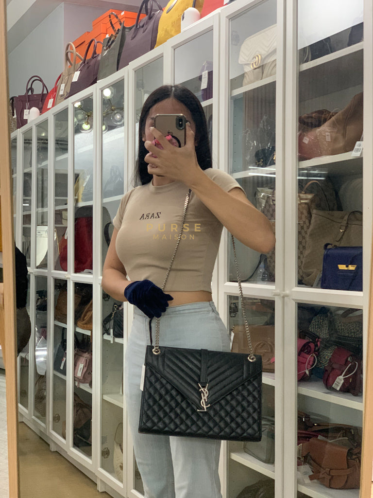 Envelope Large Shoulder Bag in Black Tri Quilted Grained Leather & Silver Hardware | Purse Maison Luxury Bags Shop