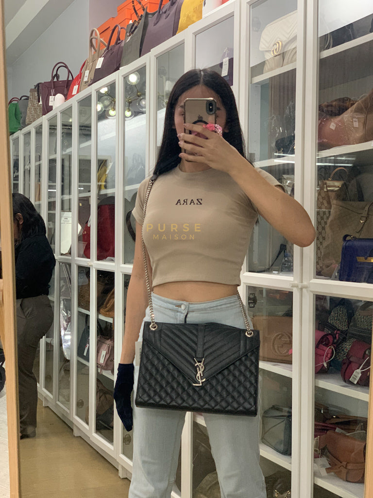 Envelope Large Shoulder Bag in Black Tri Quilted Grained Leather & Silver Hardware | Purse Maison Luxury Bags Shop