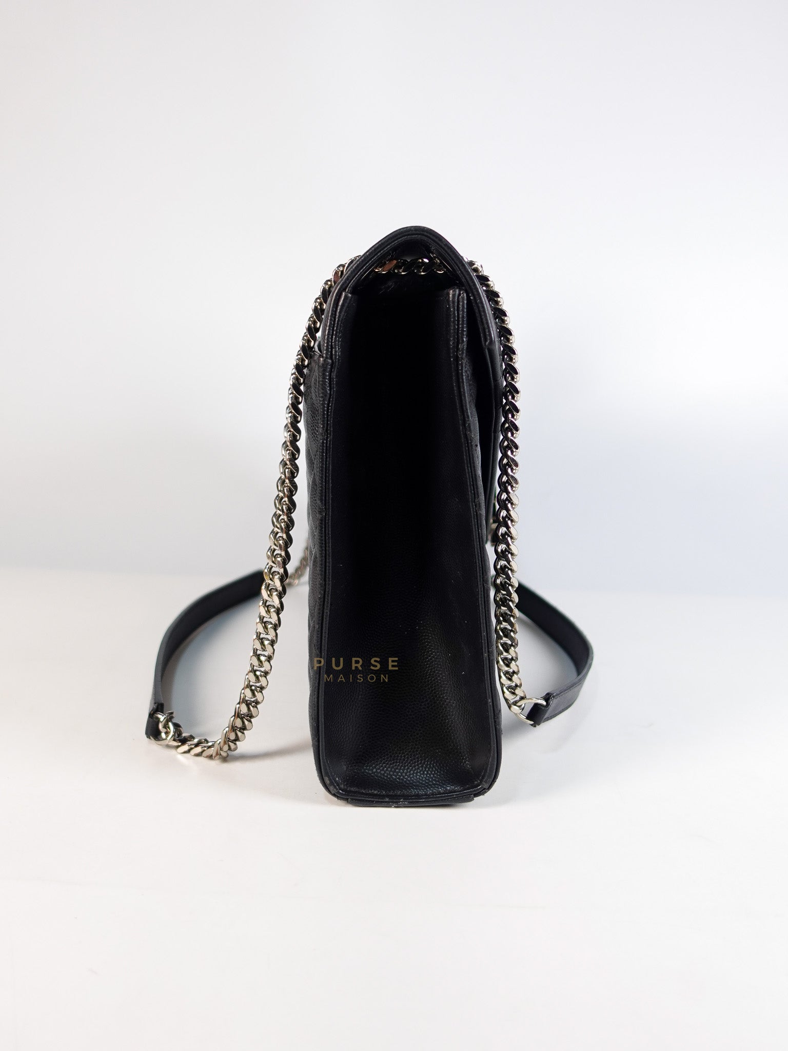 Envelope Large Shoulder Bag in Black Tri Quilted Grained Leather & Silver Hardware | Purse Maison Luxury Bags Shop