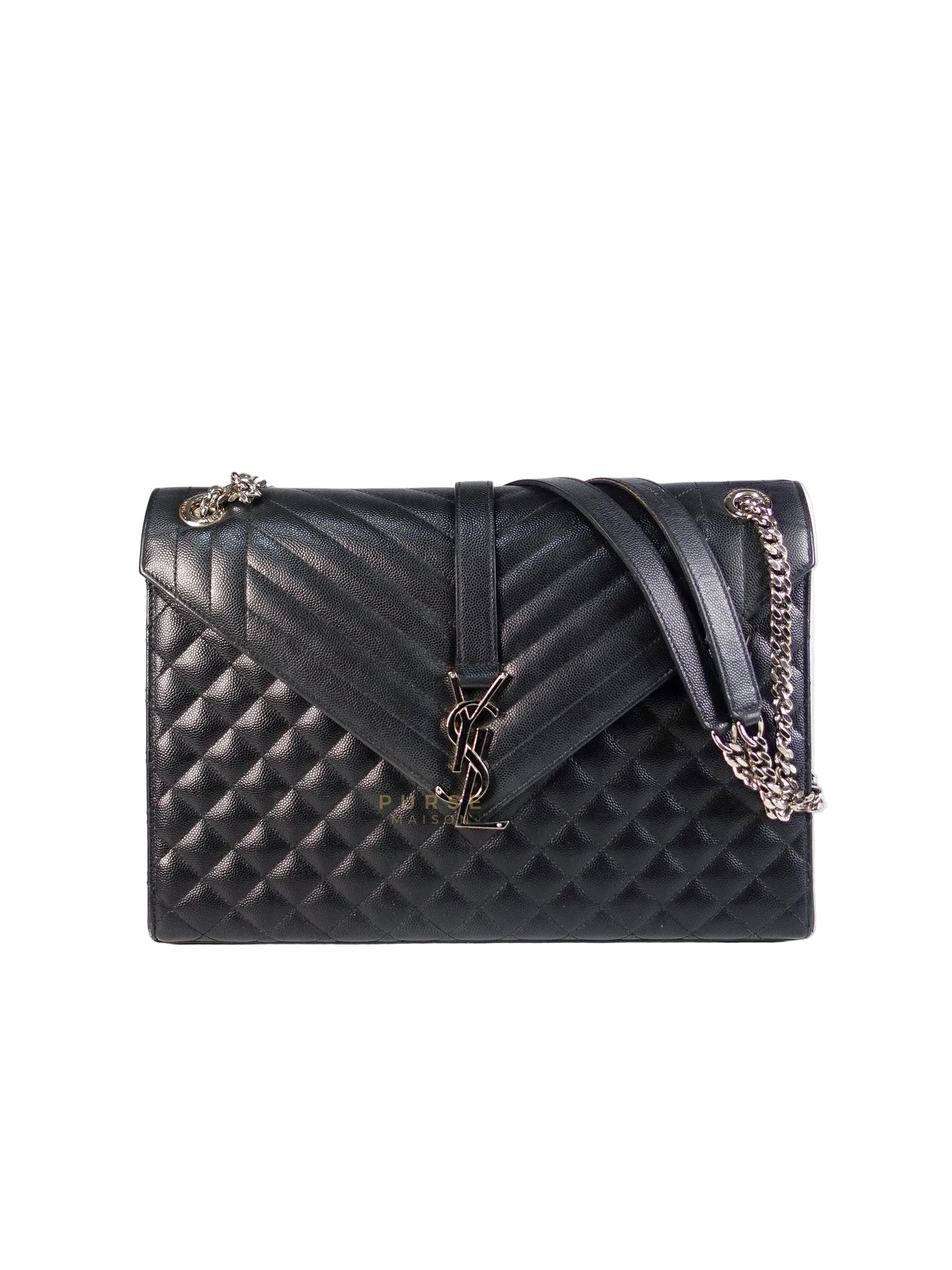Envelope Large Shoulder Bag in Black Tri Quilted Grained Leather & Silver Hardware | Purse Maison Luxury Bags Shop