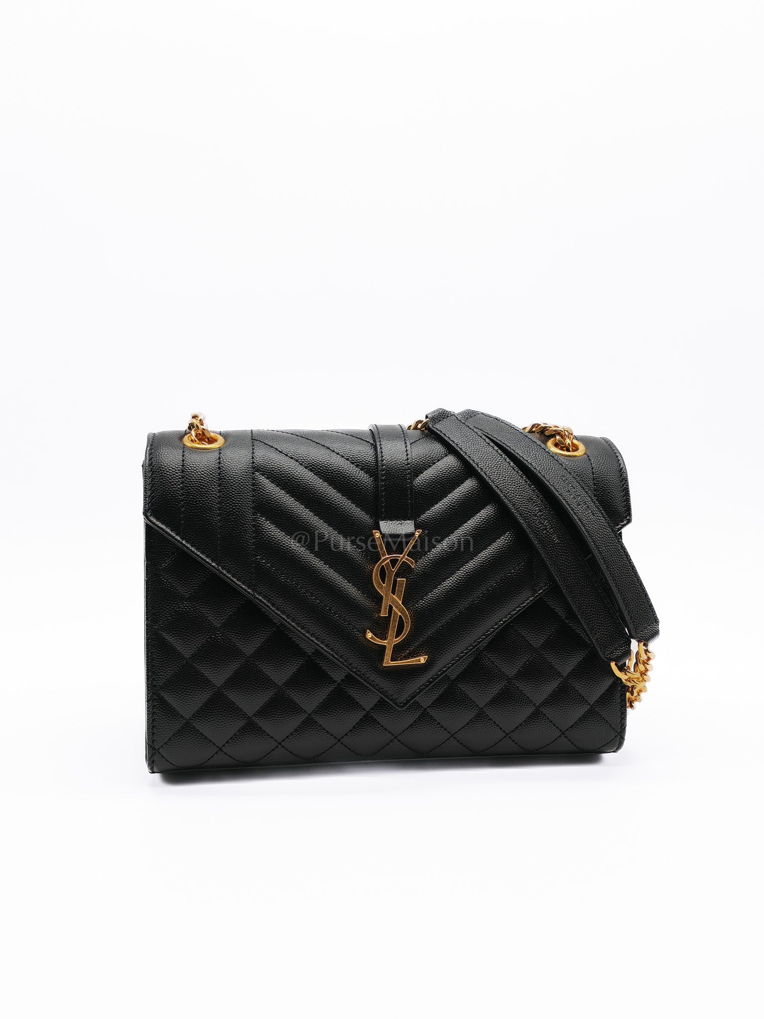Envelope Medium in Quilted Grain De Poudre Black Gold Monogram Hardware | Purse Maison Luxury Bags Shop