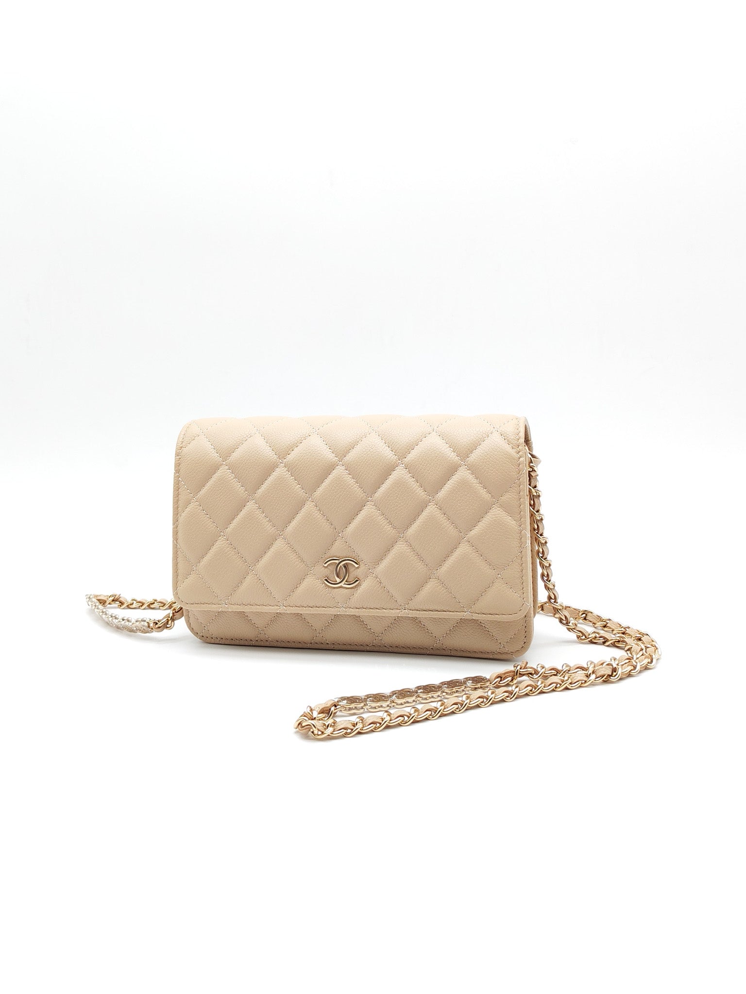 Wallet On Chain (WOC) in Beige Clair Quilted Caviar Leather and Gold Hardware Microchip