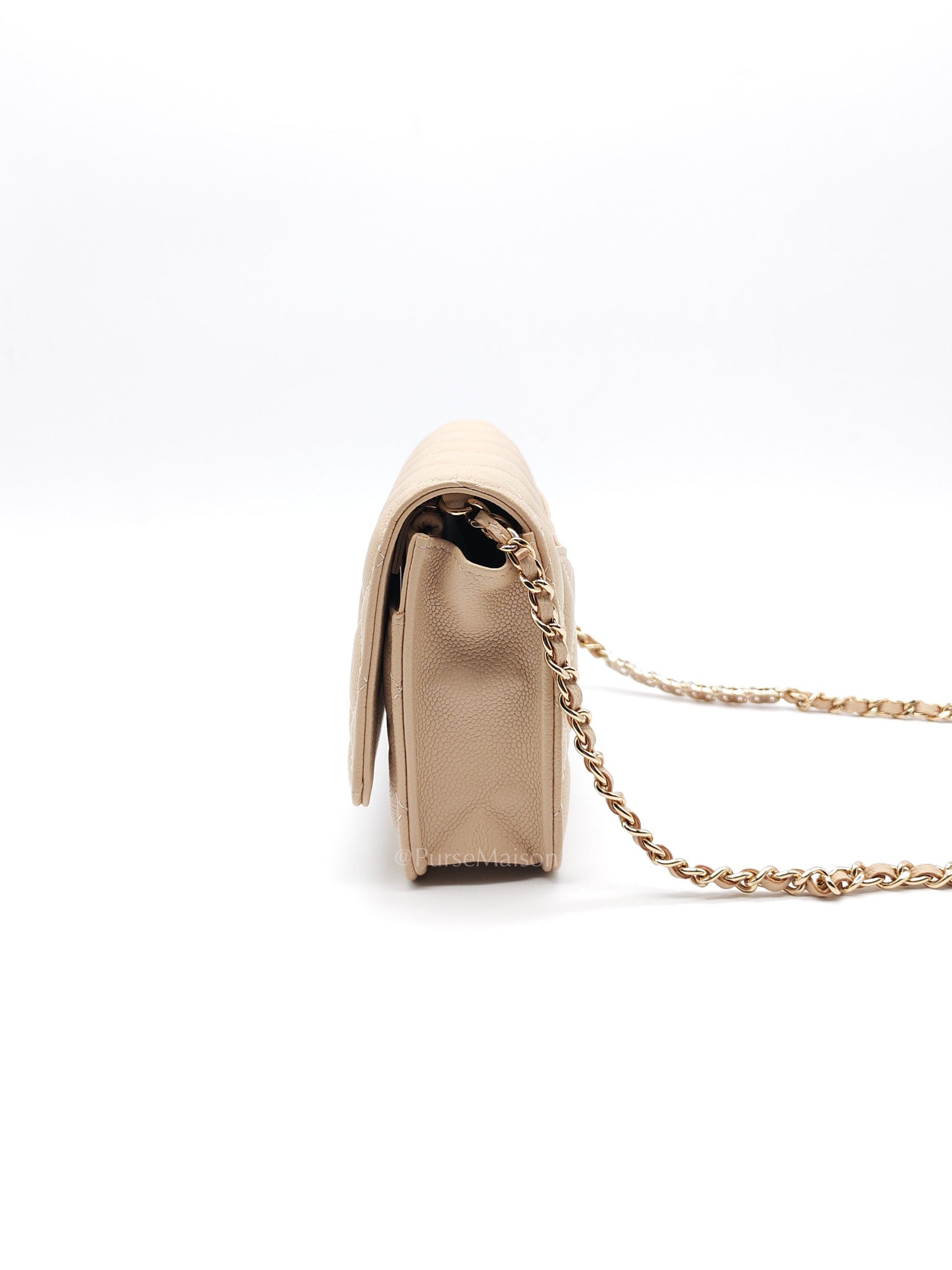Wallet On Chain (WOC) in Beige Clair Quilted Caviar Leather and Gold Hardware Microchip