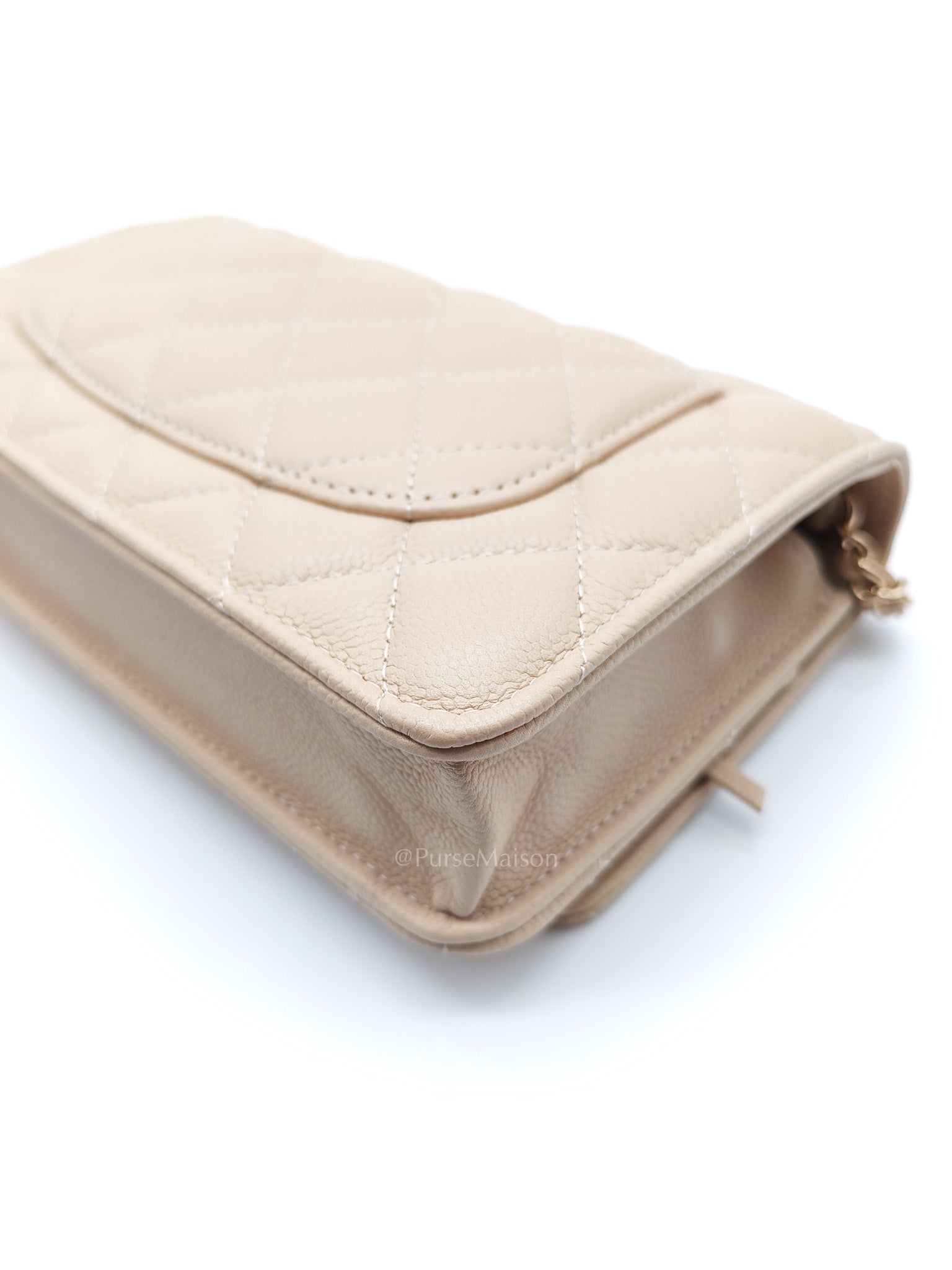 Wallet On Chain (WOC) in Beige Clair Quilted Caviar Leather and Gold Hardware Microchip