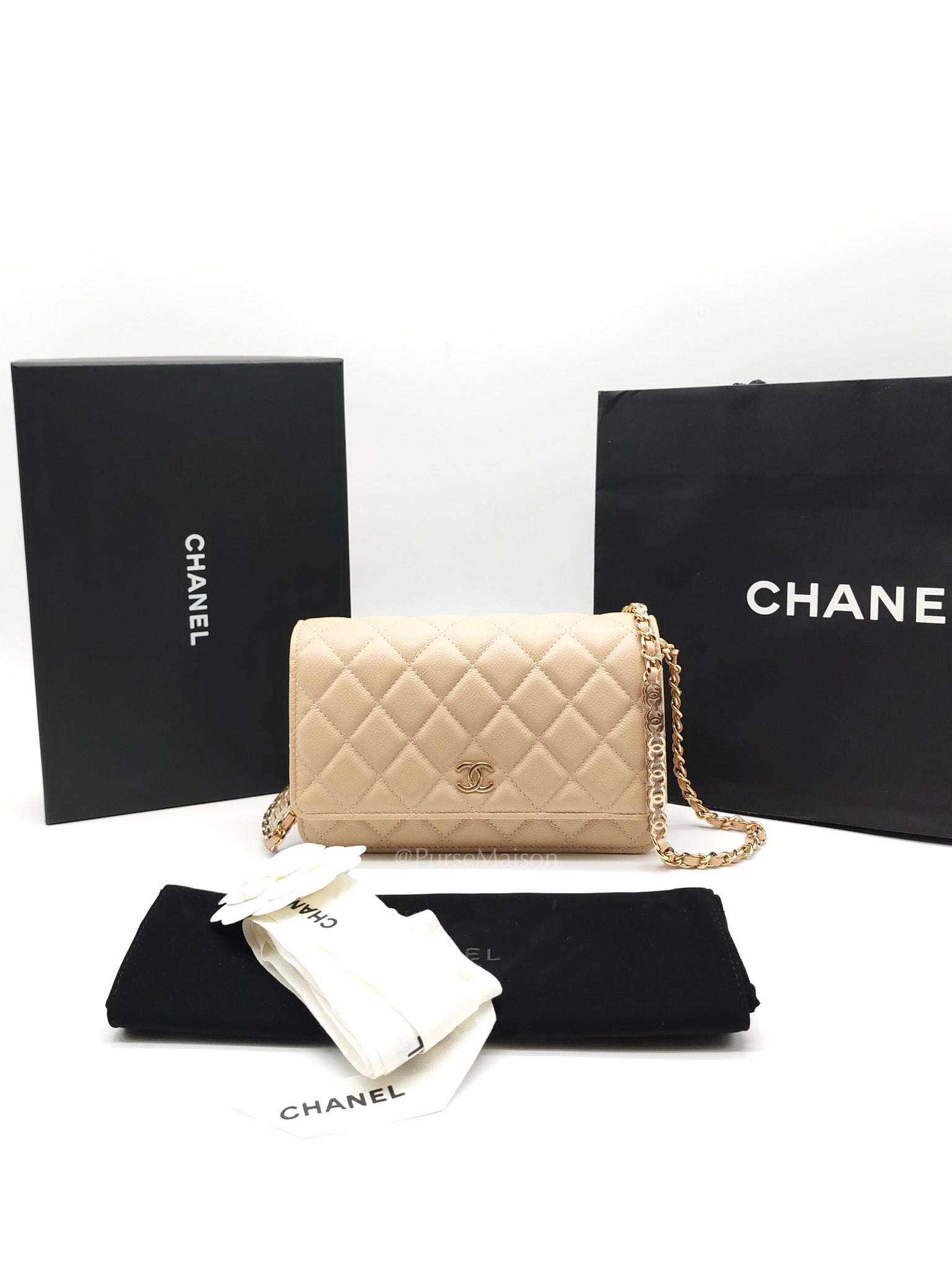 Wallet On Chain (WOC) in Beige Clair Quilted Caviar Leather and Gold Hardware Microchip