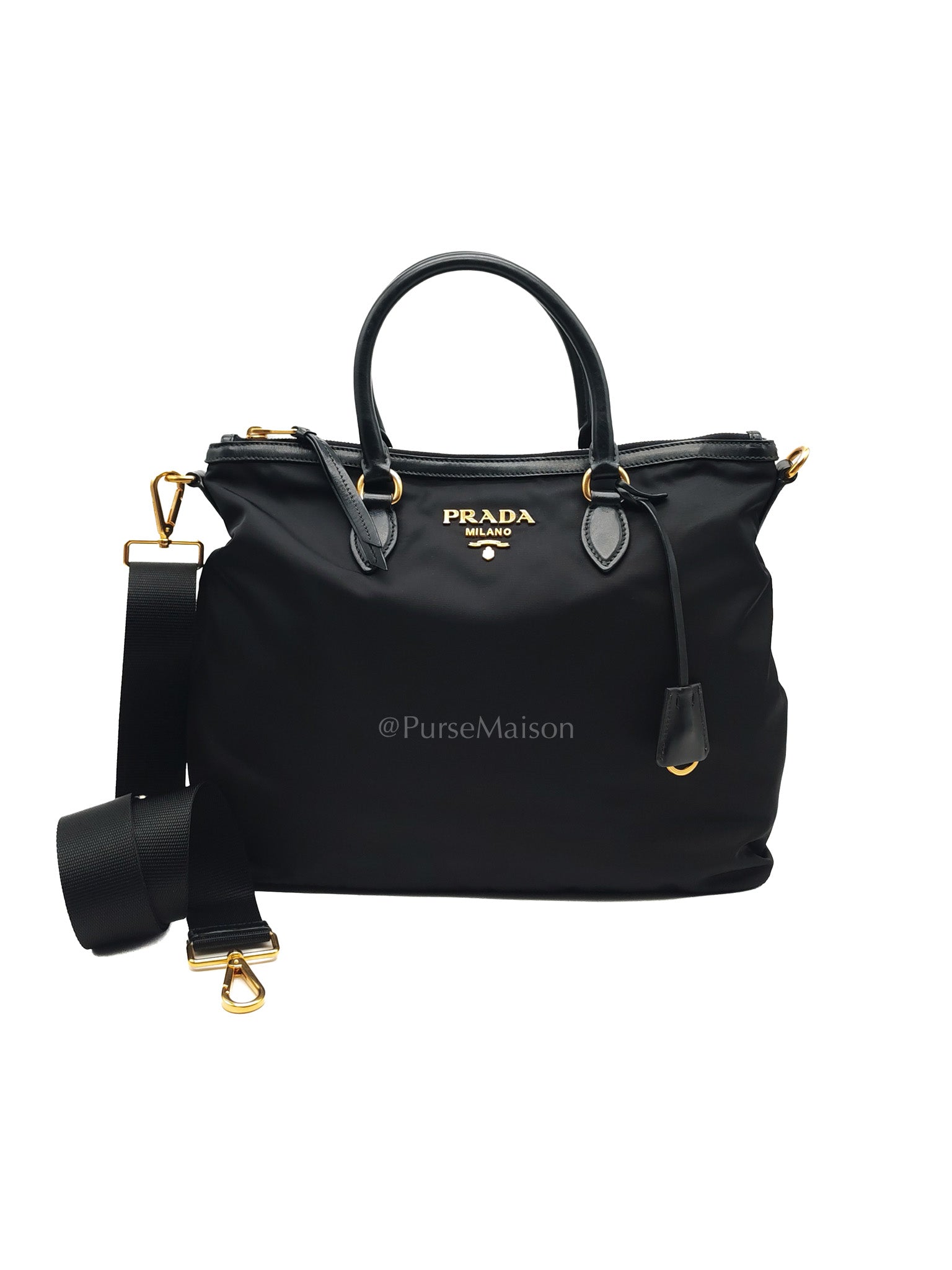 Shopping Tote Bag in Black Tessuto Nylon Saffiano Leather & Gold Hardware