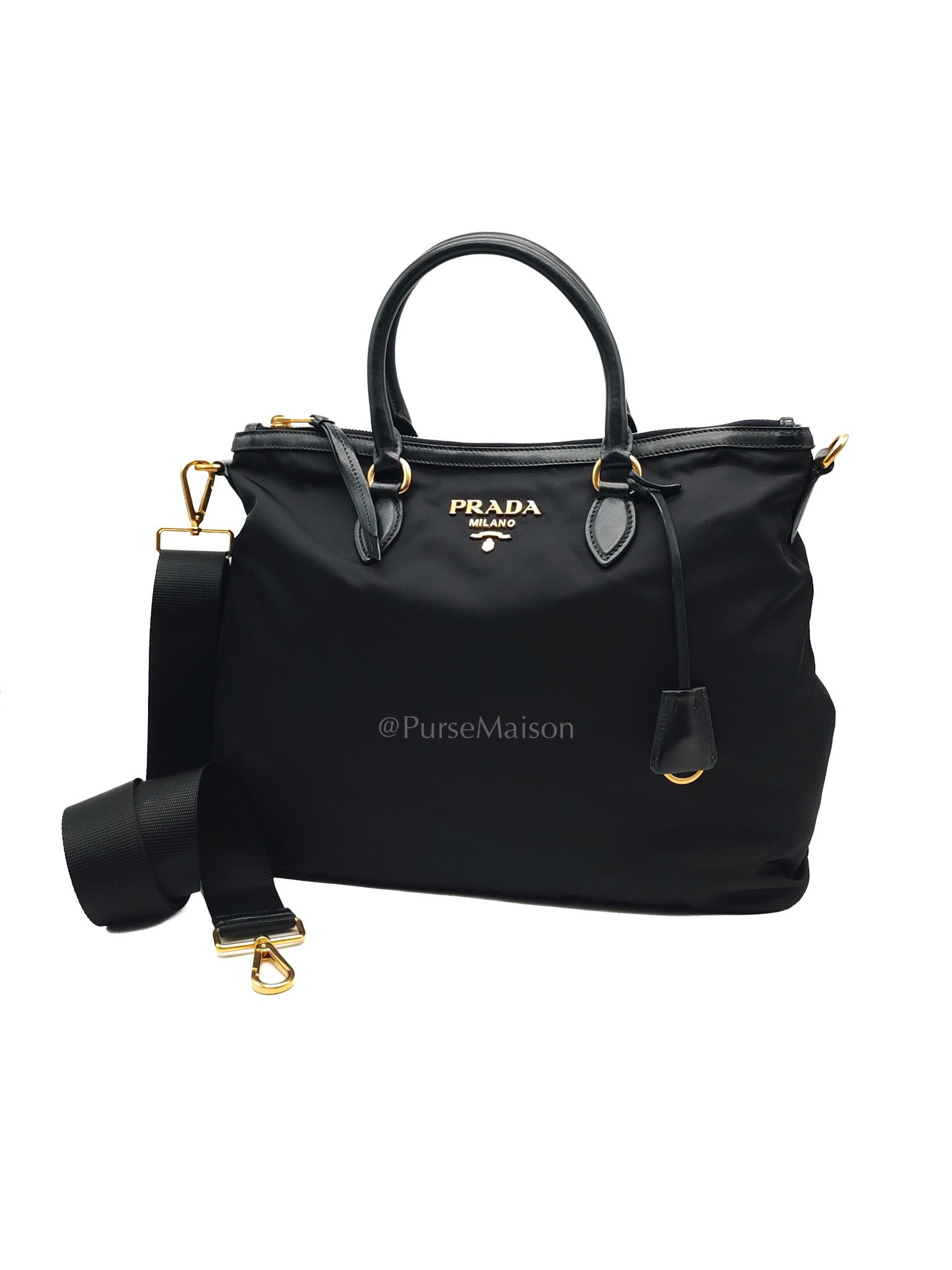 Shopping Tote Bag in Black Tessuto Nylon Saffiano Leather & Gold Hardware