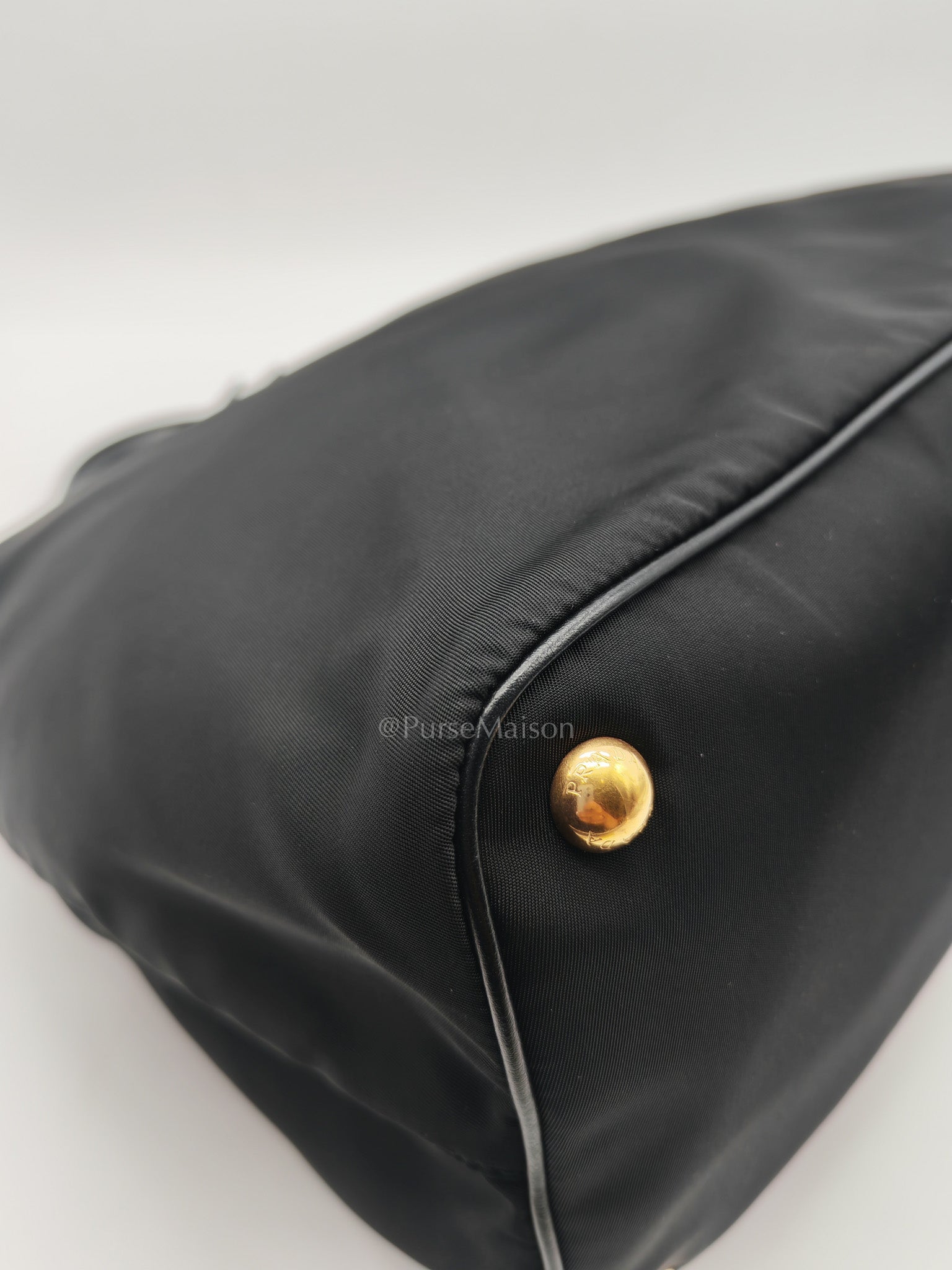 Shopping Tote Bag in Black Tessuto Nylon Saffiano Leather & Gold Hardware
