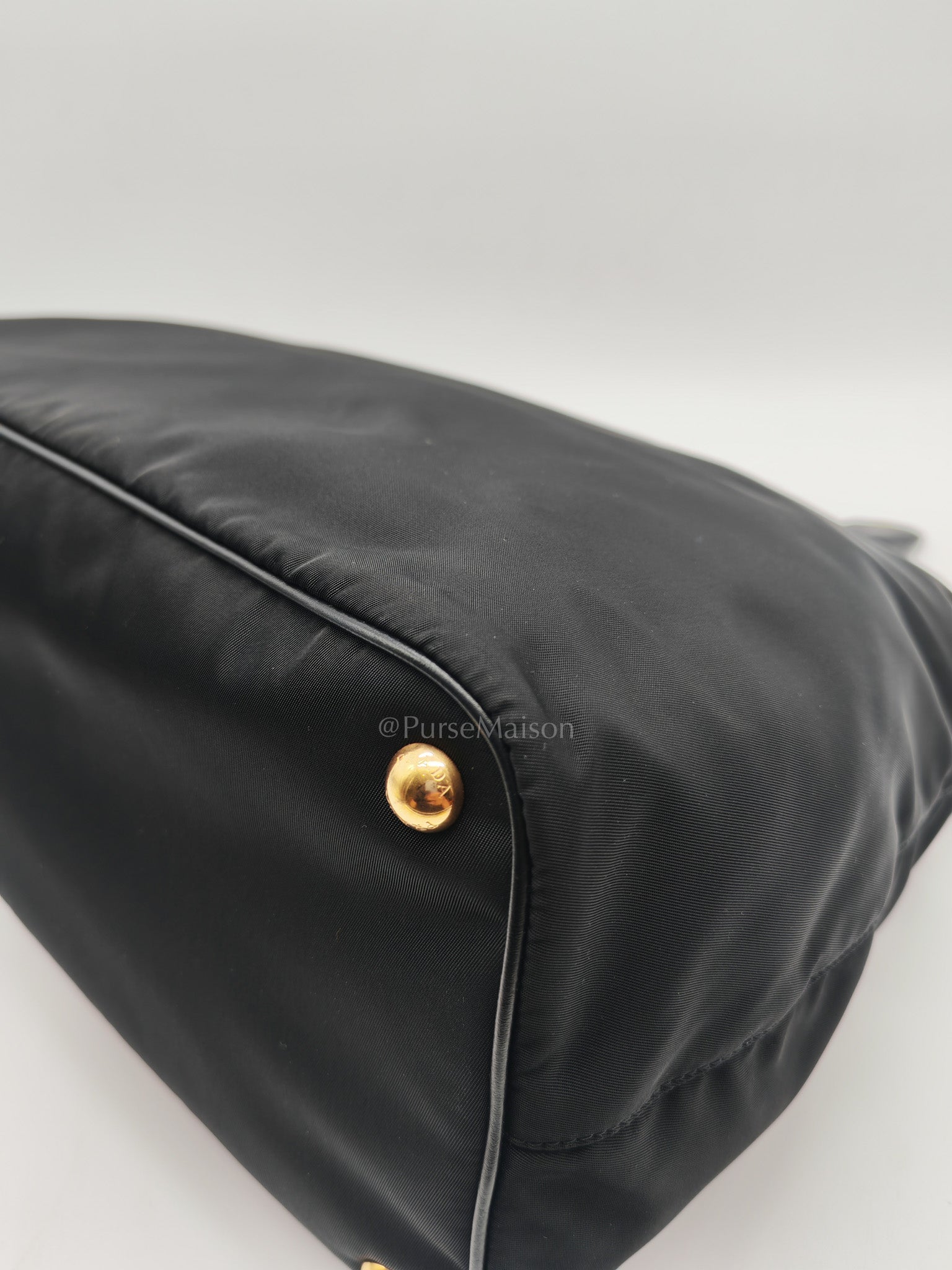 Shopping Tote Bag in Black Tessuto Nylon Saffiano Leather & Gold Hardware
