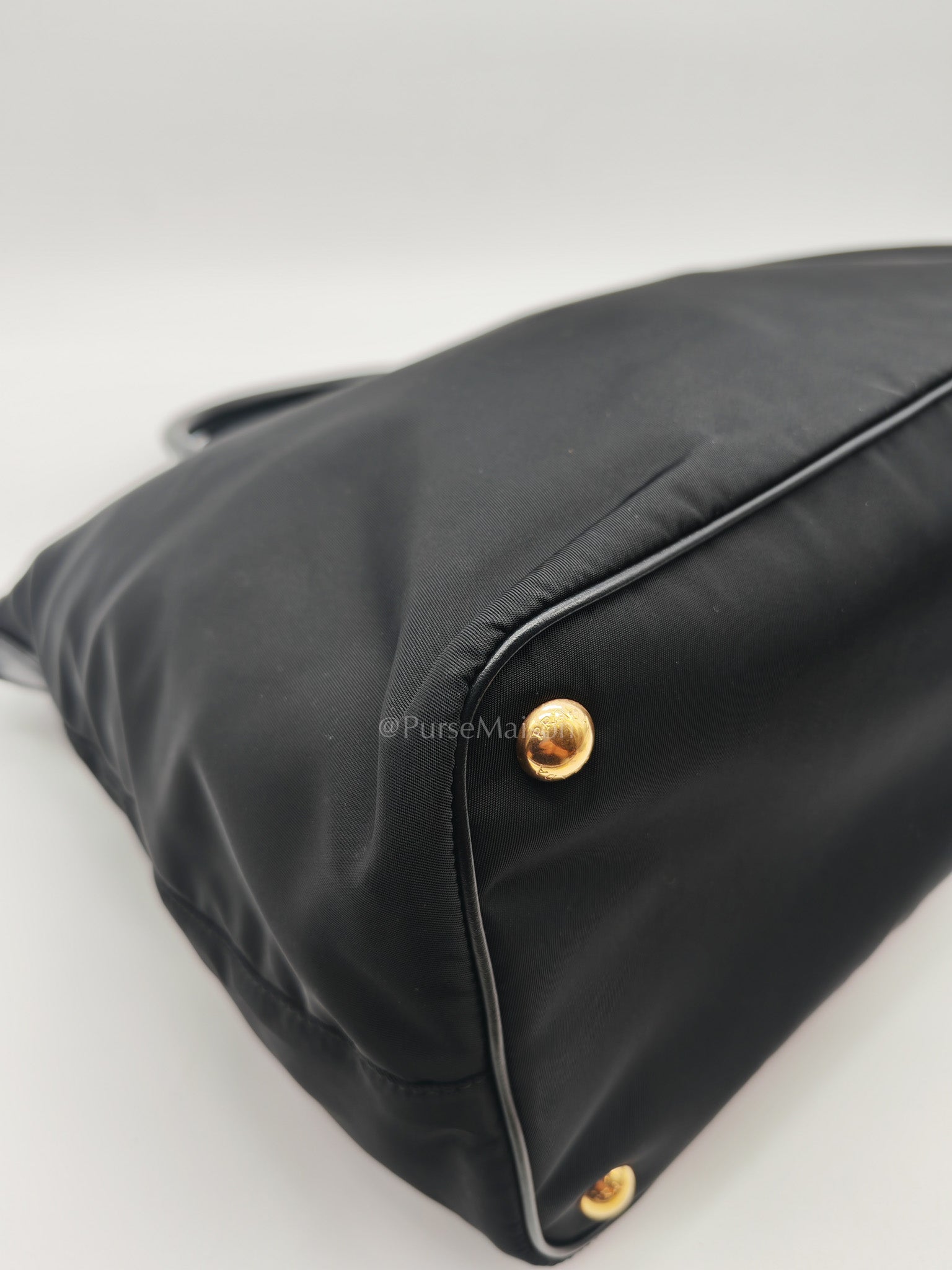Shopping Tote Bag in Black Tessuto Nylon Saffiano Leather & Gold Hardware