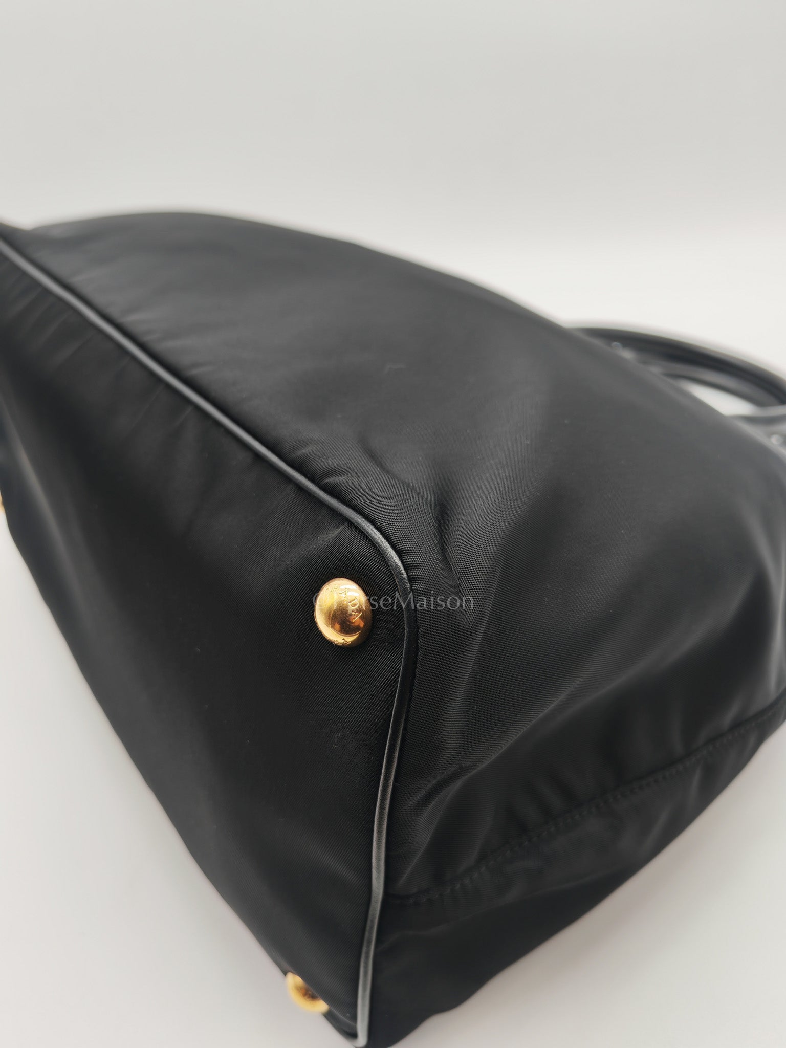 Shopping Tote Bag in Black Tessuto Nylon Saffiano Leather & Gold Hardware