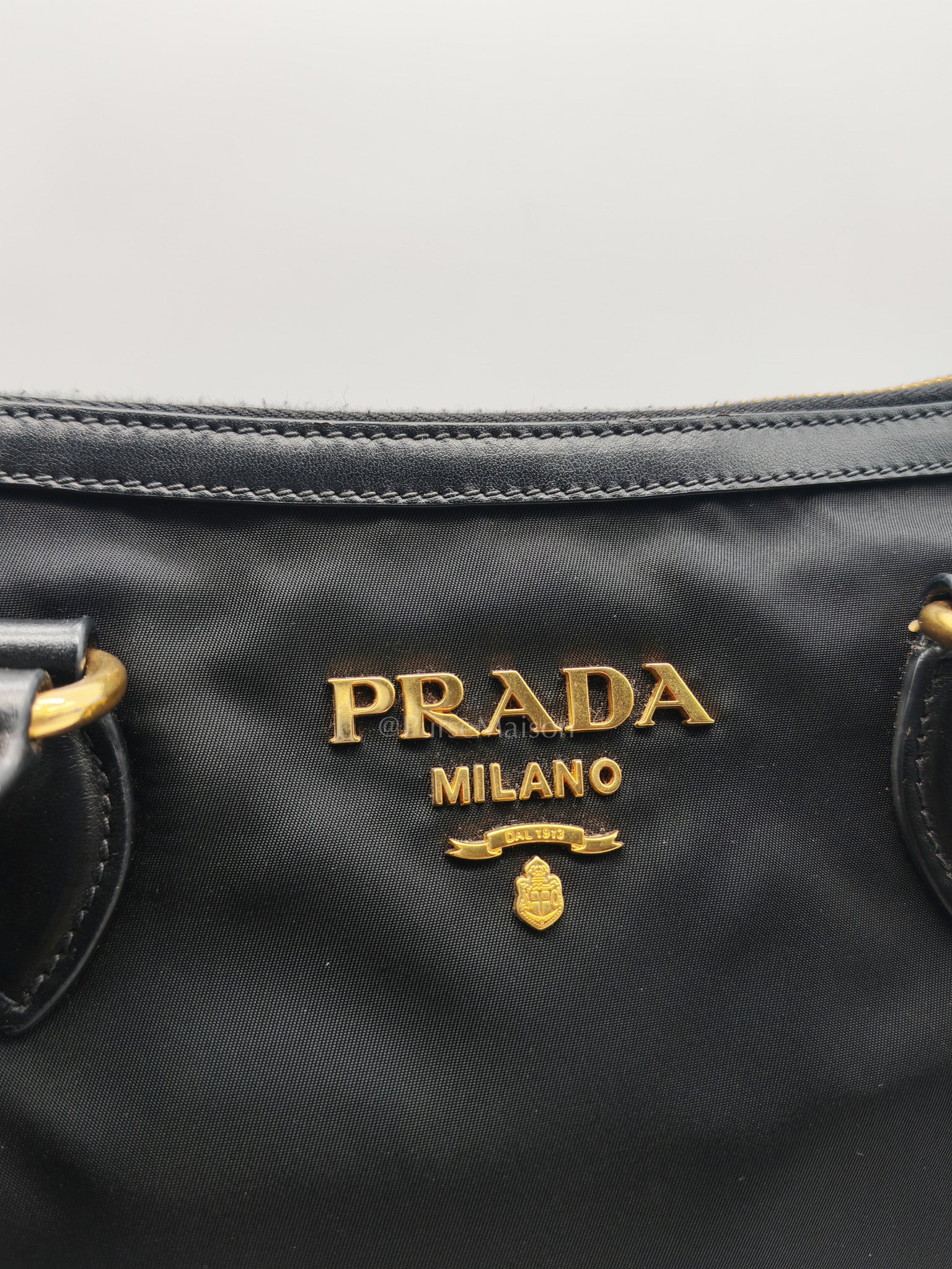Shopping Tote Bag in Black Tessuto Nylon Saffiano Leather & Gold Hardware