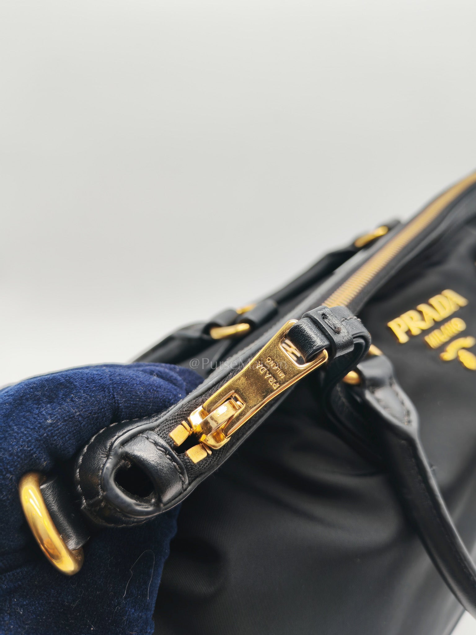Shopping Tote Bag in Black Tessuto Nylon Saffiano Leather & Gold Hardware