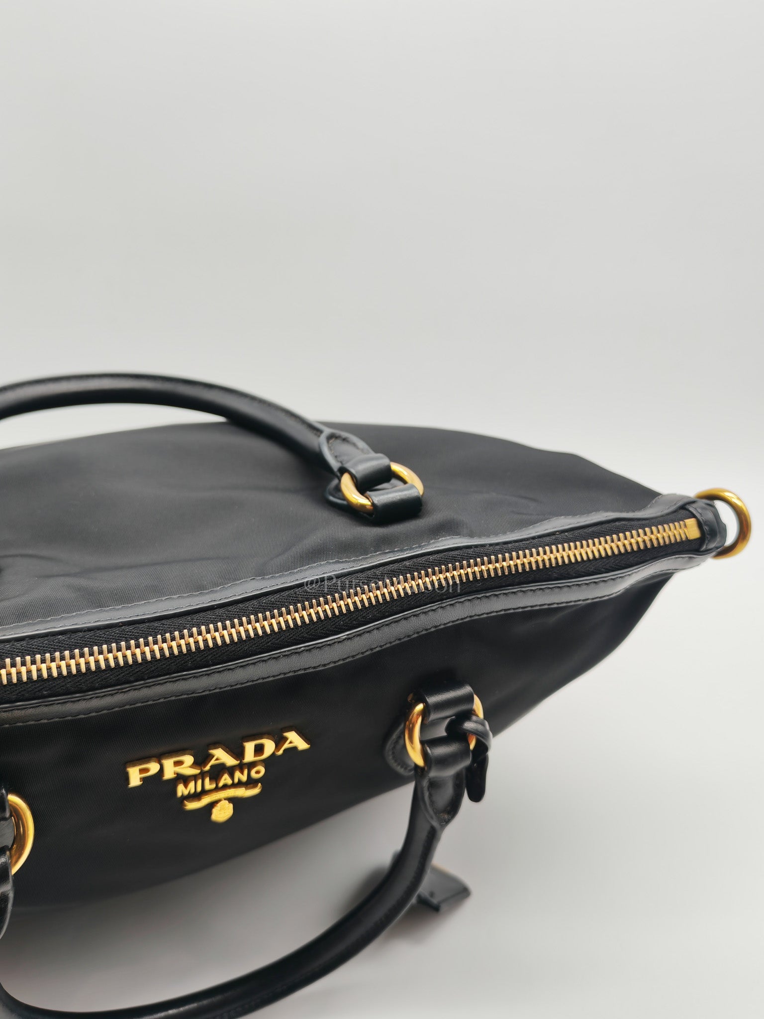 Shopping Tote Bag in Black Tessuto Nylon Saffiano Leather & Gold Hardware