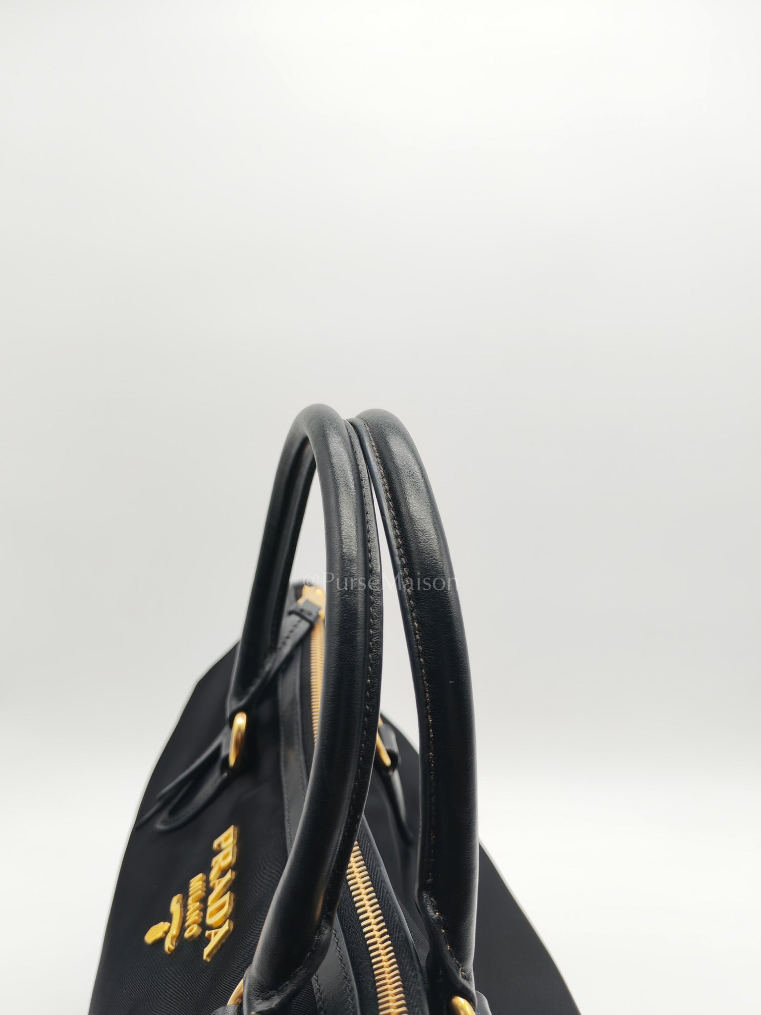 Shopping Tote Bag in Black Tessuto Nylon Saffiano Leather & Gold Hardware