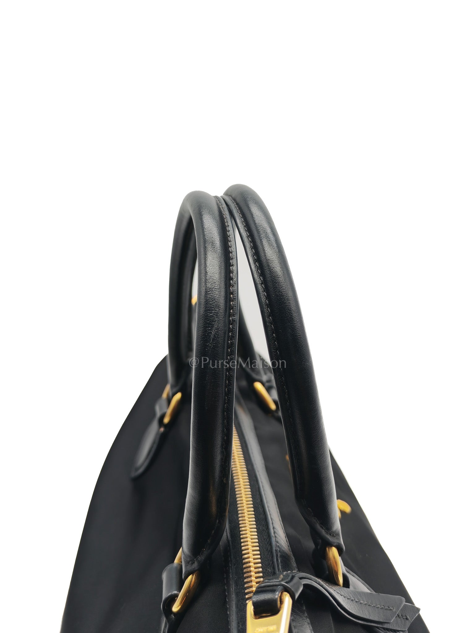 Shopping Tote Bag in Black Tessuto Nylon Saffiano Leather & Gold Hardware