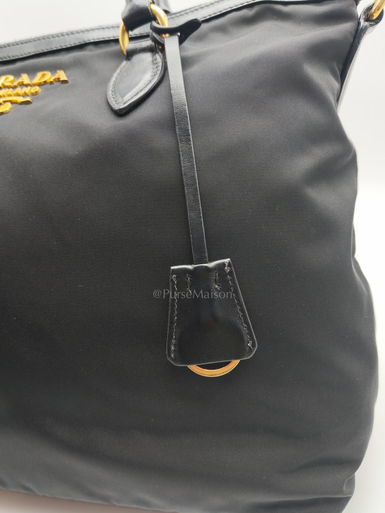 Shopping Tote Bag in Black Tessuto Nylon Saffiano Leather & Gold Hardware