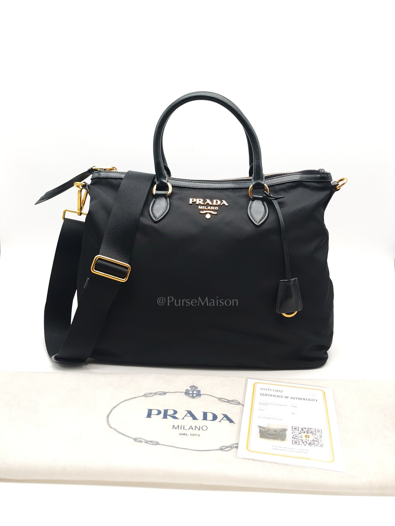 Shopping Tote Bag in Black Tessuto Nylon Saffiano Leather & Gold Hardware
