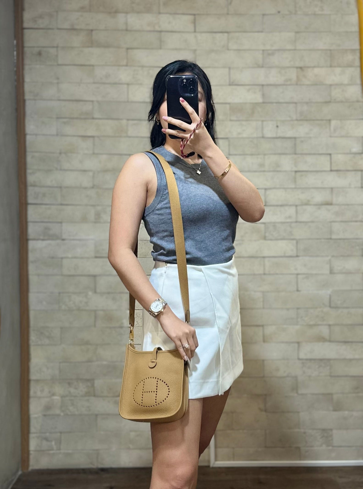 Hermes Mini Evelyne 16 in Biscuit Clemence Leather and Palladium Hardware Stamp Z (2021)