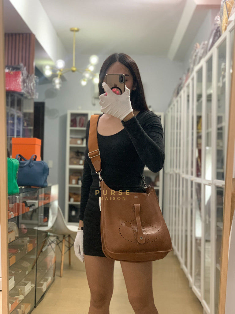 Evelyne GM in Gold Clemence Leather & Palladium Hardware Stamp Square H (2004) | Purse Maison Luxury Bags Shop