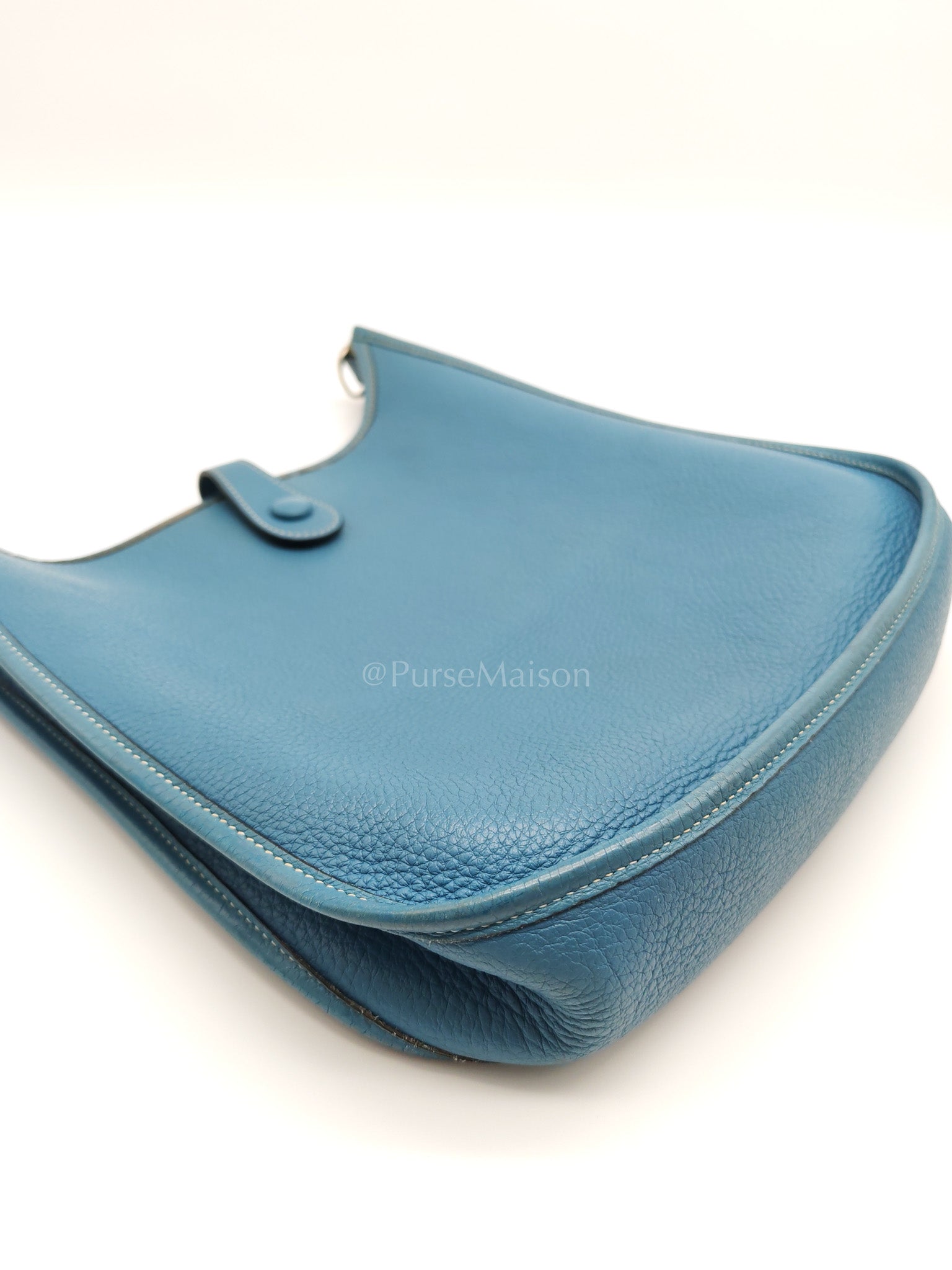 Evelyne PM Blue Jean in Clemence Leather and Palladium Hardware Stamp Square I (2005) | Purse Maison Luxury Bags Shop