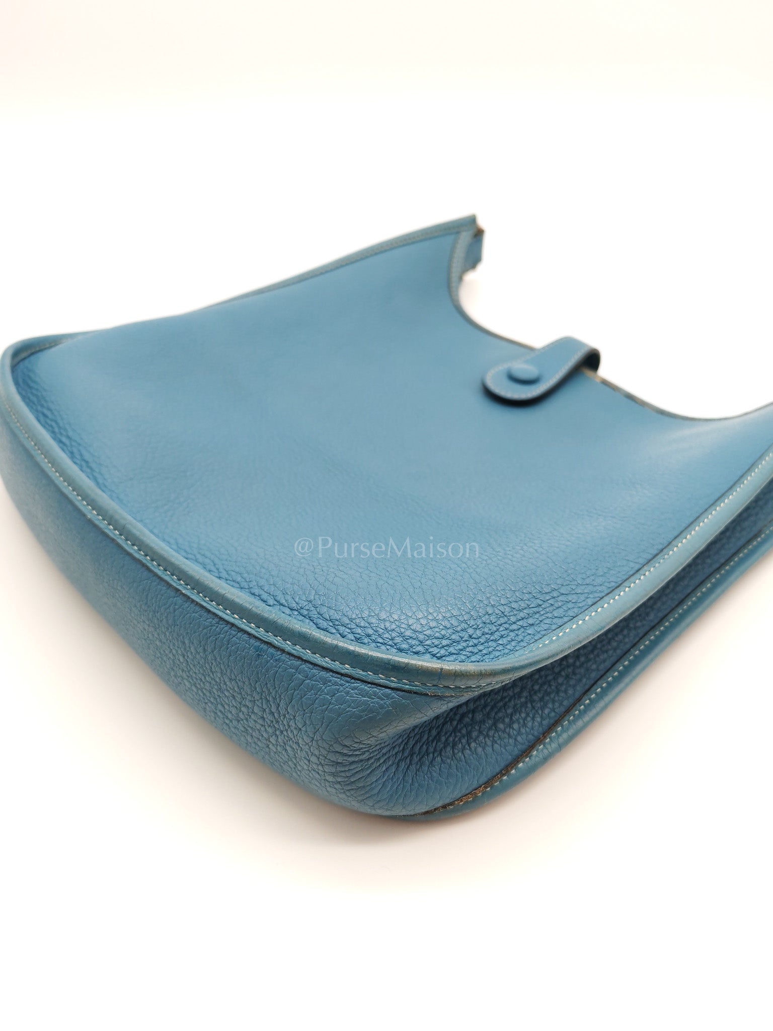 Evelyne PM Blue Jean in Clemence Leather and Palladium Hardware Stamp Square I (2005) | Purse Maison Luxury Bags Shop